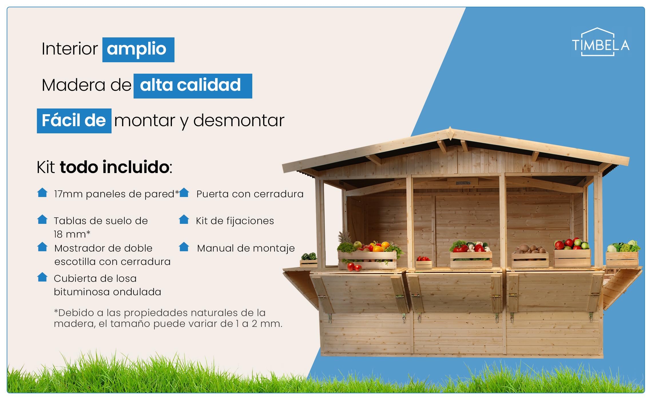 Caseta de Jardín de Madera con Piso, Mostrador y Puerta Cinco Ventanas 336x263cm/6 m2 Puesto de Mercado, Gran Bar de Madera al Aire Libre de Jardín, Puesto de Jardin Venta, Kiosko Bar TIMBELA M150B