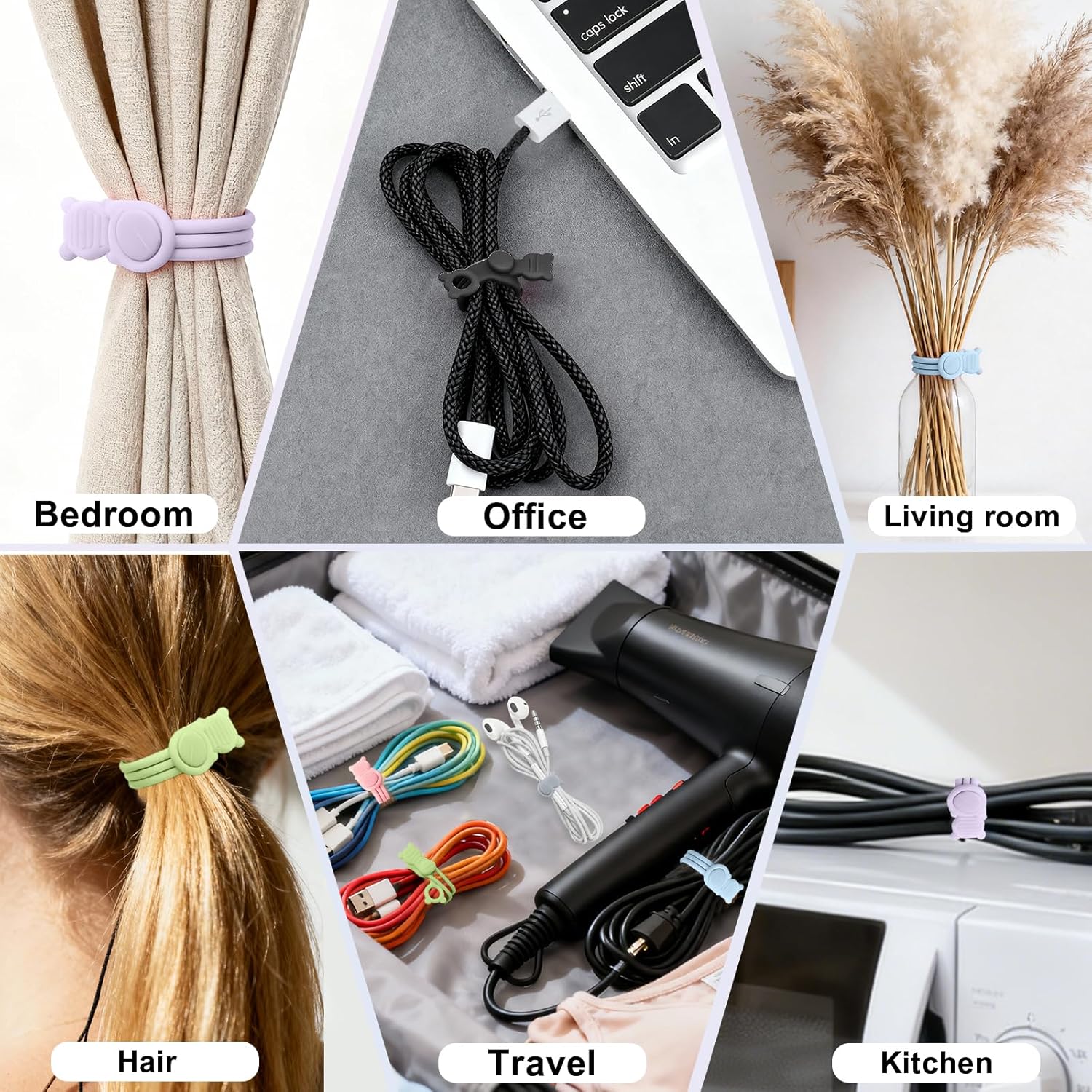 24Pcs Silicone Cable Ties，Reusable Cable Management Organizer for Bundling Earphone、Phone Charger、Computer Cords Multipurpose Elastic Cord suitable for Home,Office,Travel (Purple-pink)
