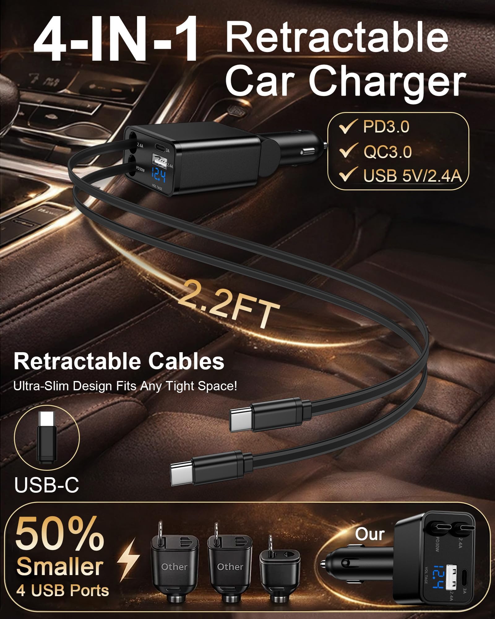 Caricatore retrattile per telefono da auto per iPhone 17 Samsung Android, 4 in 1 adattatore di ricarica veloce USB C con 2 cavi USB C flessibili, accendino USBC, regalo per uomini gadget per auto