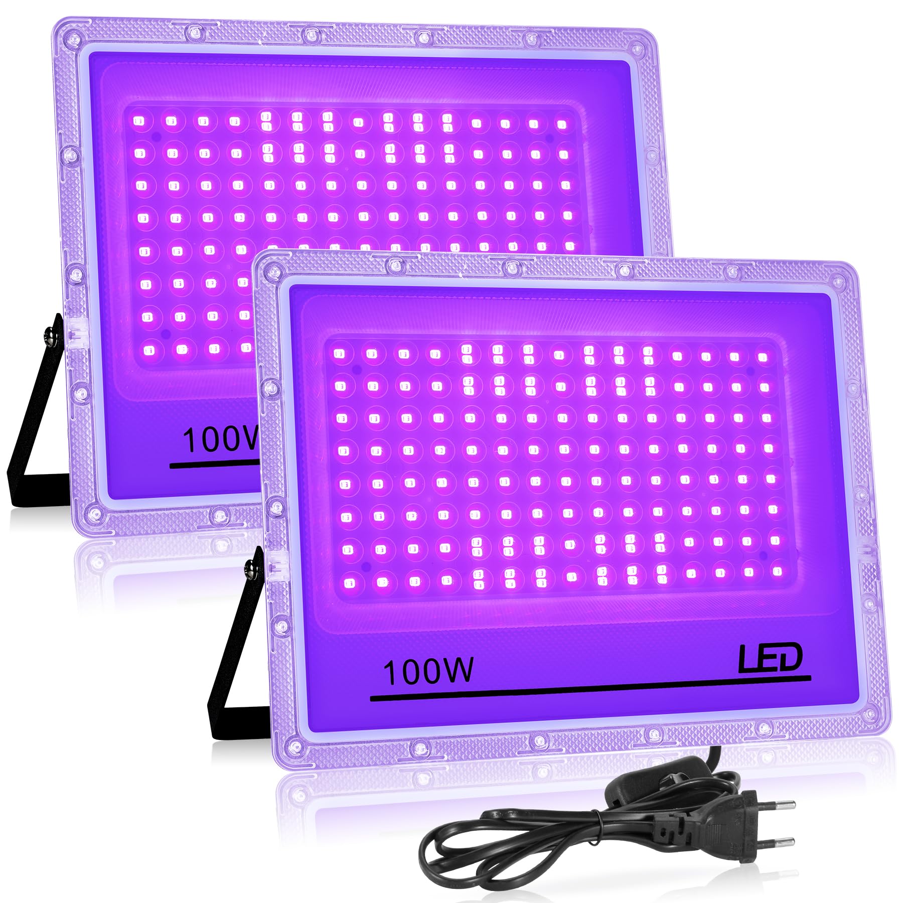 Luce Nera UV per Festa, 2 Pezzi Luce UV 100W, Lampada UV 395nm, IP65 Impermeabile, Blacklight per Feste Glow, Decorazioni Halloween, Discoteca, Illuminazione Palco, Accessori per Feste