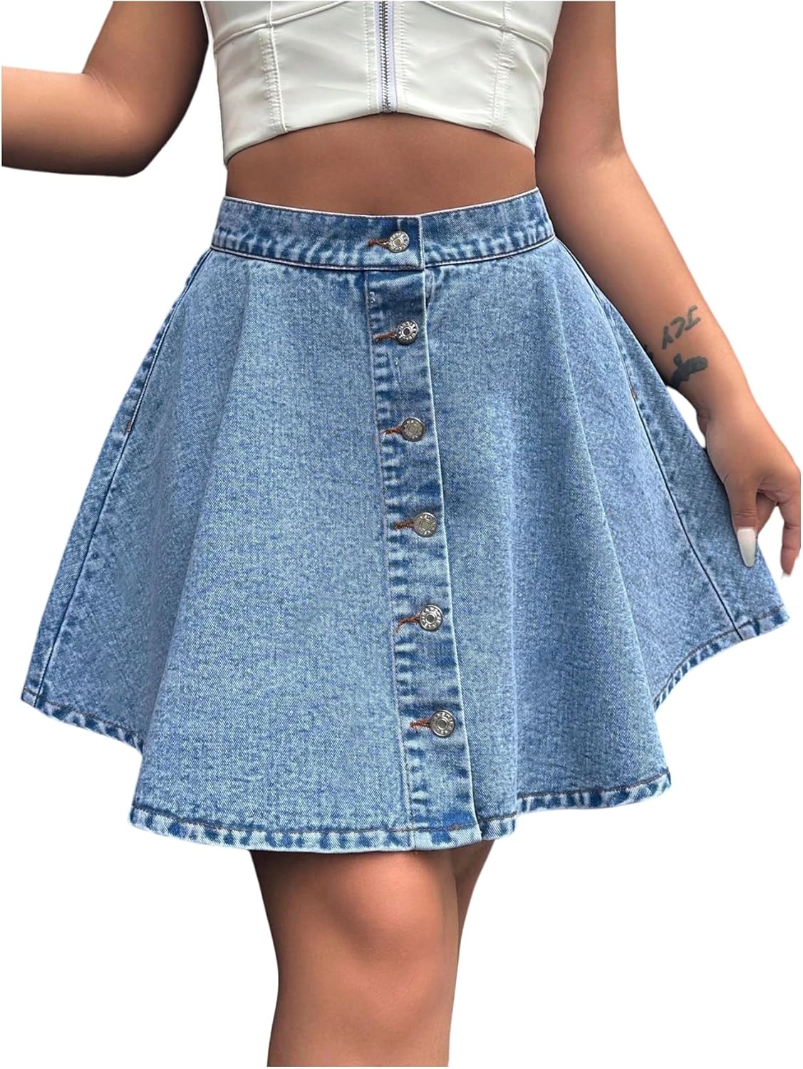 OYOANGLE Women's Button Front Ruffle Denim Skirt High Waist Flared A Line Festival Jean Skirts