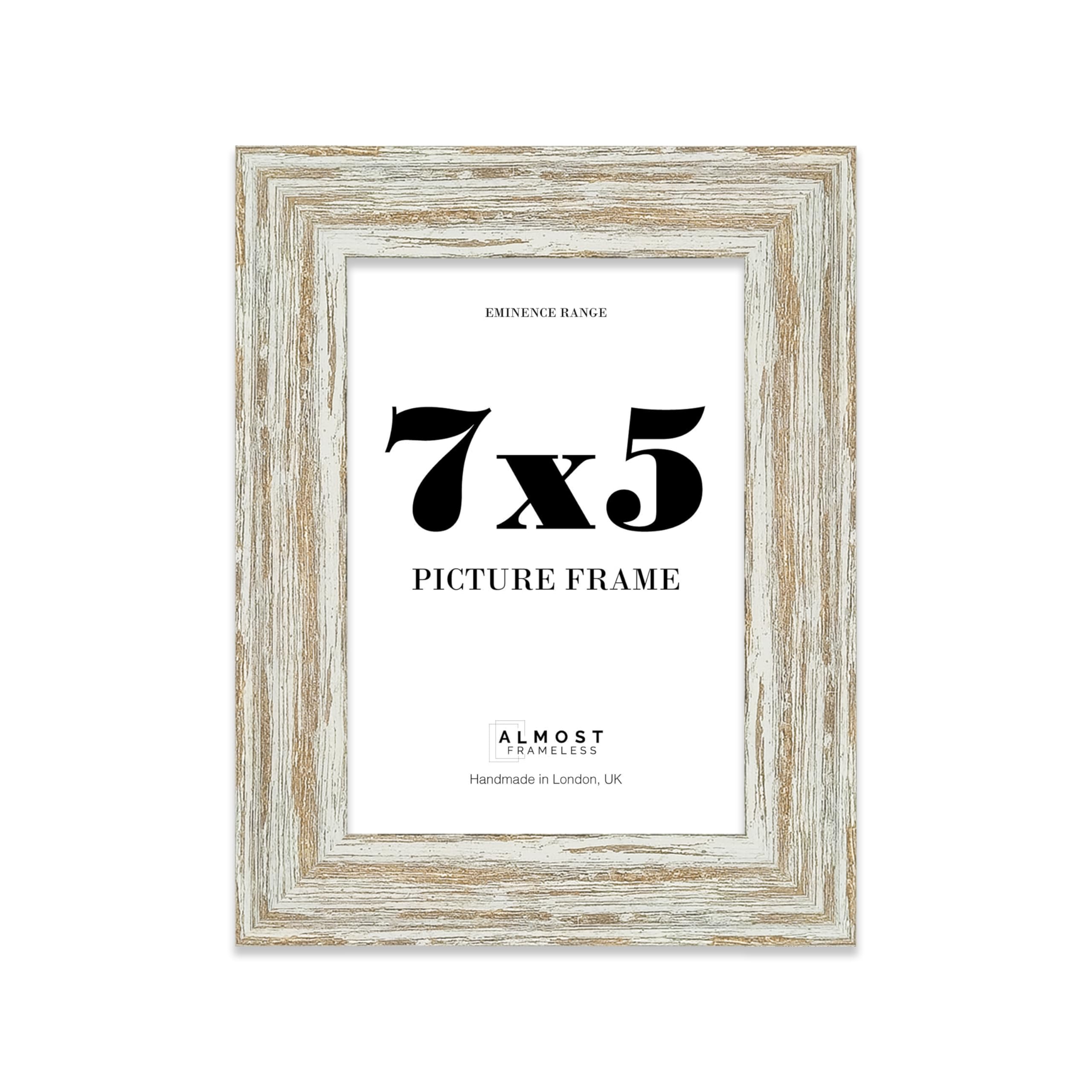 7x5" Distressed White Oak Picture Frame - Rustic Wood Industrial Effect Photo Frame for Wall Display, Ideal for Posters, Prints & Home Décor, Wall Hooks and Kickstand, 32mm Edge - 1 Pack