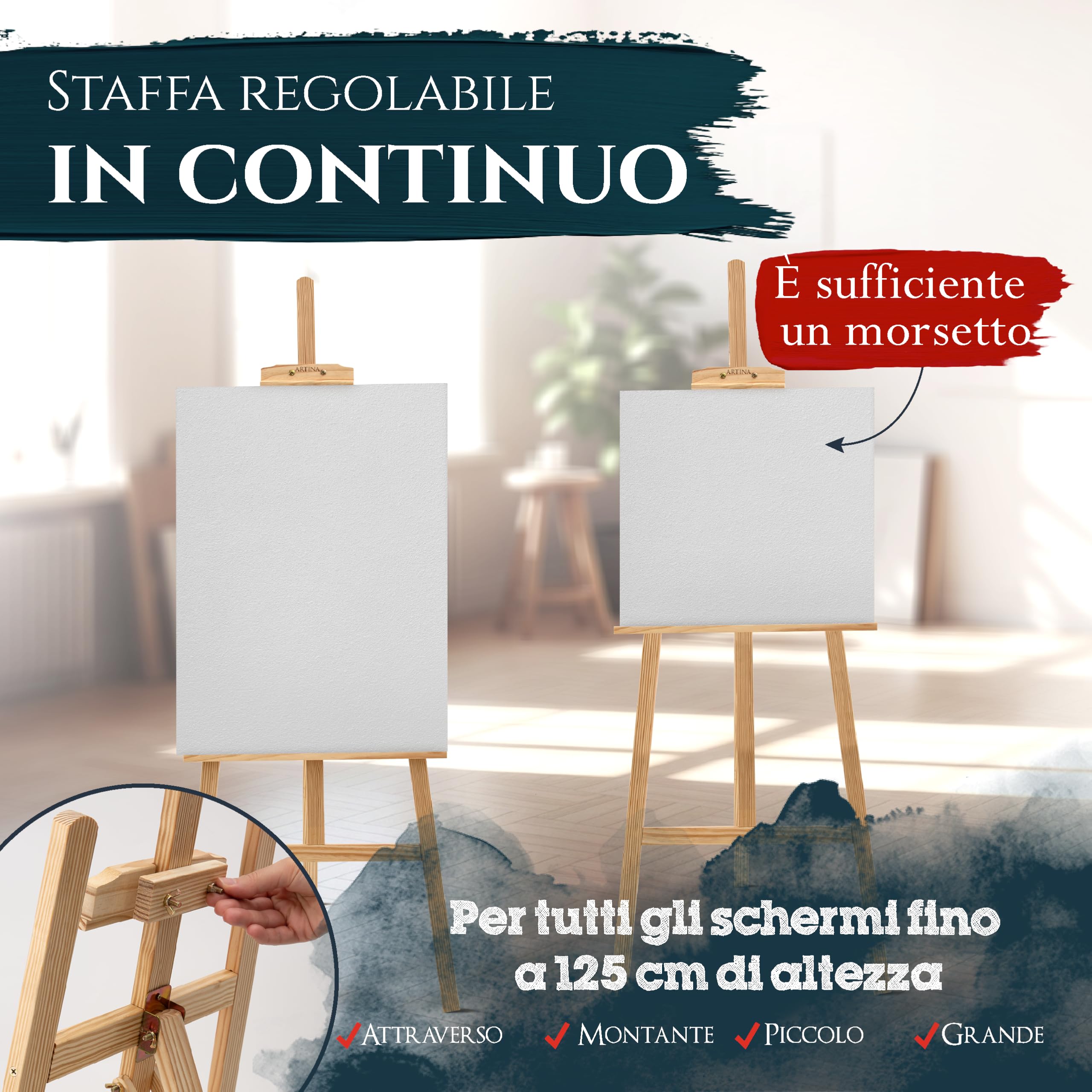 Artina – Kit pittura acrilica 24 pezzi con cavalletto in legno FSC® regolabile 175cm + 5 tele serie Corsica – set artistico per principianti e hobbisti