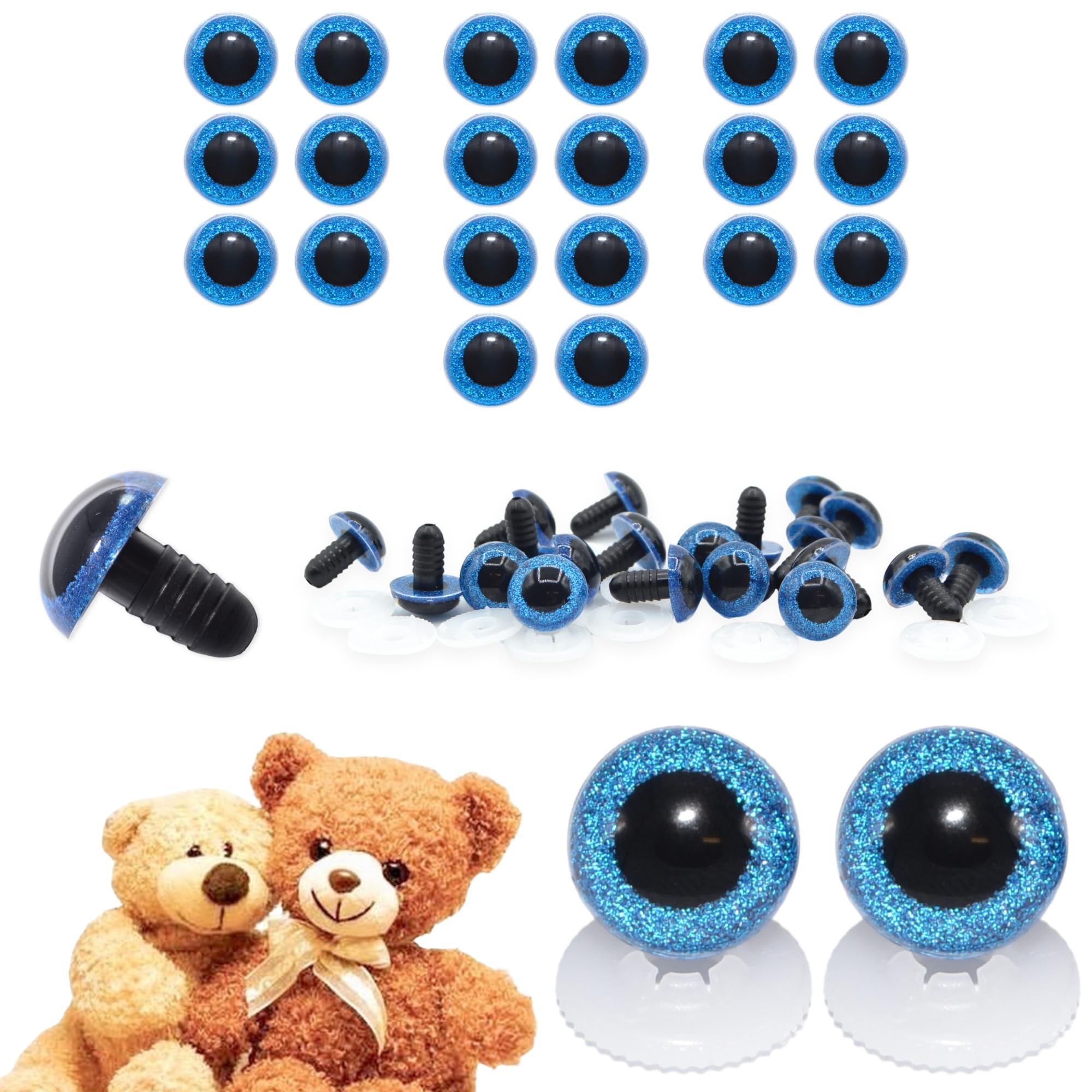 celloexpress 15mm Blue Glitter Eyes - Screw Type with Plastic Backs for Teddy Bear/Animal Soft Toy Making - Pack of 10 Pairs