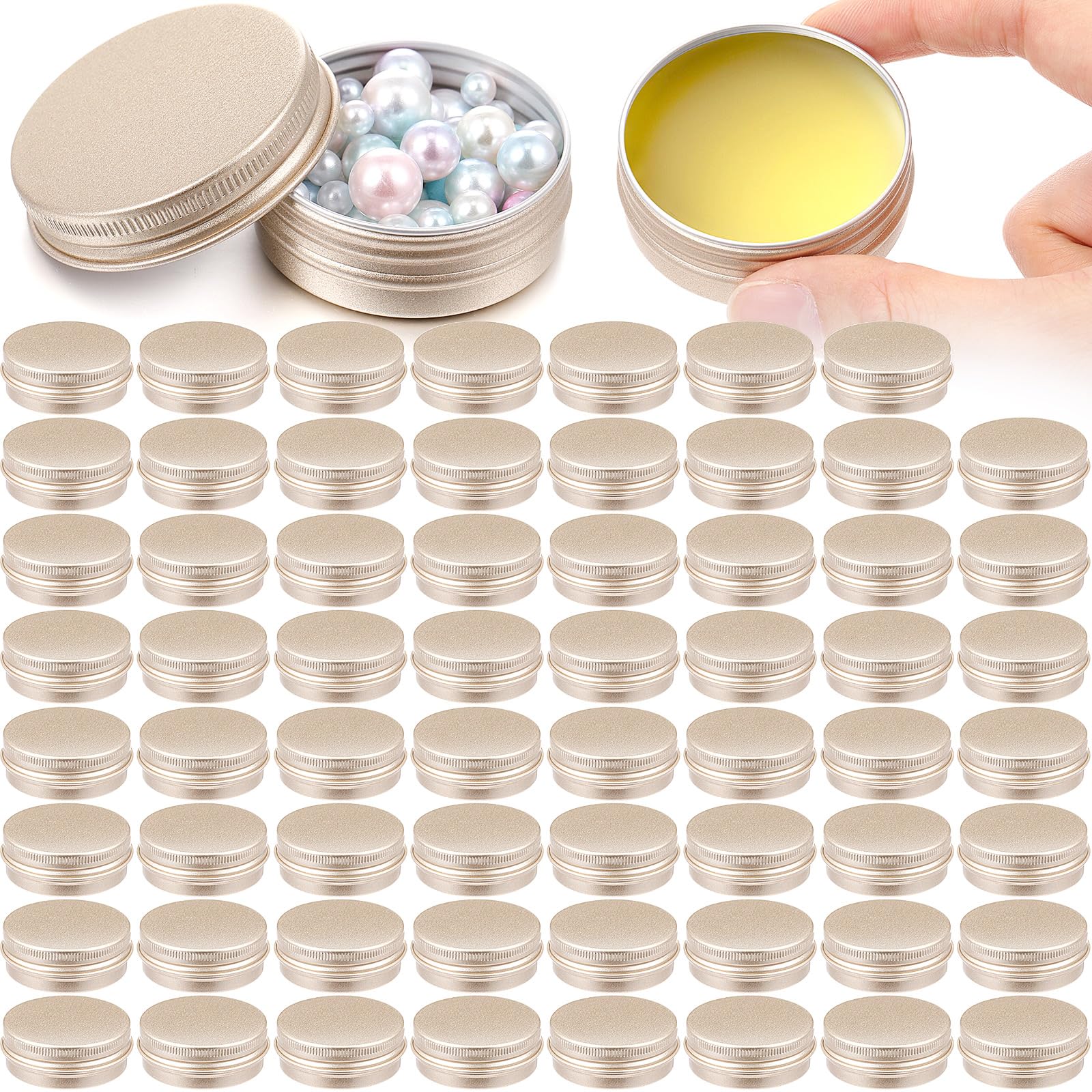 Patelai 64 Pieces Lip Balm Tin Containers Screw Top Round Tin Cans Aluminum Jar with Screw Lid, Empty Bottle Travel Cosmetic Sample Container for DIY(1 oz,Champagne)