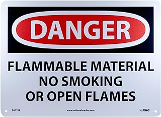 NMC D117RB DANGER - FLAMMABLE MATERIAL NO SMOKING OR OPEN FLAMES Sign - 14 in. x 10 in., Red/Black Text on White, Plastic Danger Sign