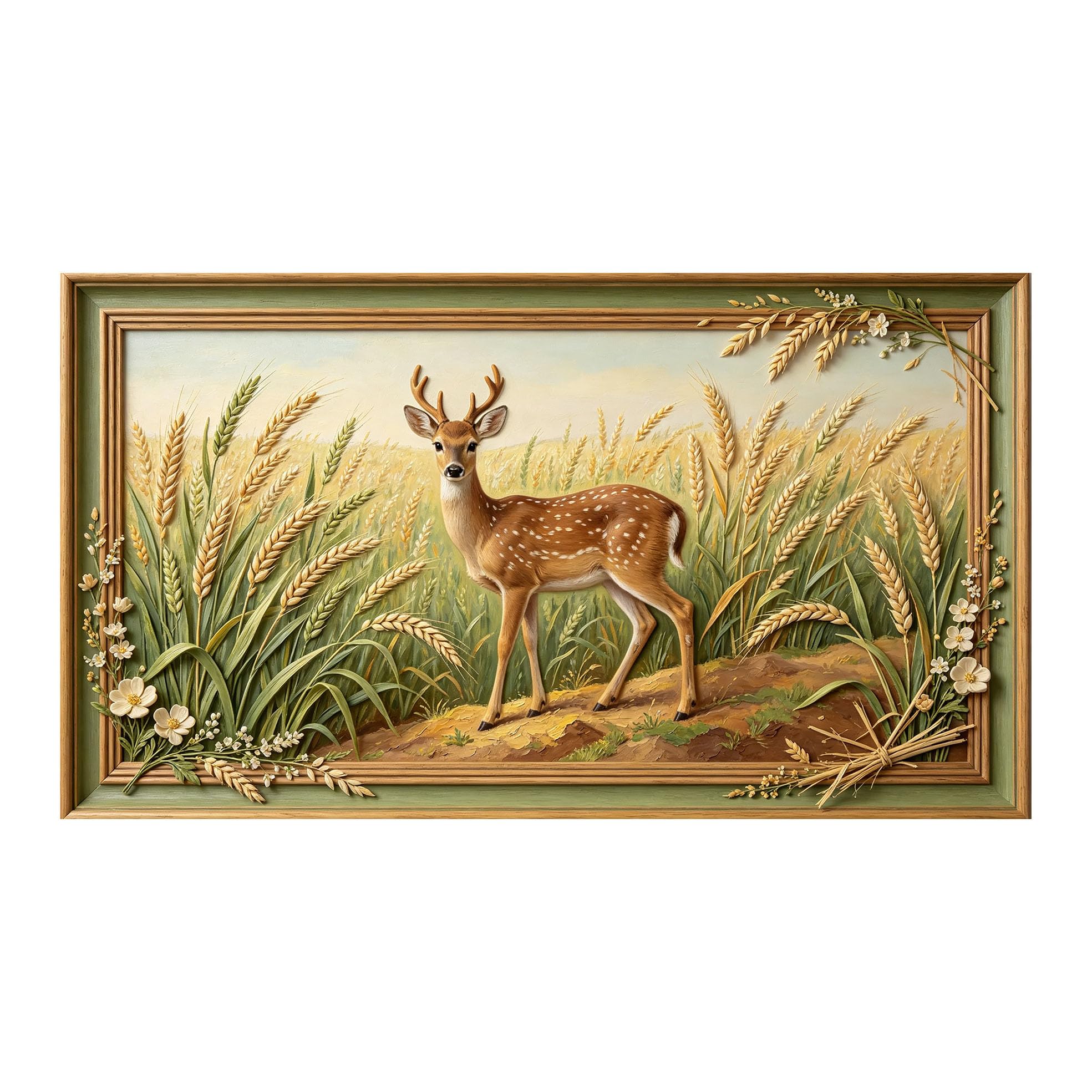 Yzpallescene 3D 3D Framed Wall Art 50cm×90cm Deer in Wheat Field Pastoral Oil Painting Large Size SelfAdhesive Removable Wall Decor Prints Artwork for Living Room Bedroom Office