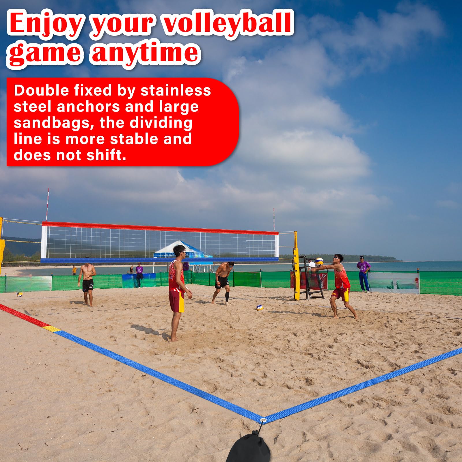 13-teiliges Strand-Volleyballnetz und Volleyball-Linien für Sand, Set 26. 91 x 132 cm. Offizieller Standard, tragbar, 5,1 cm, Begrenzungslinie mit Edelstahl-Ankernetztasche, Wetterbeständigkeit für