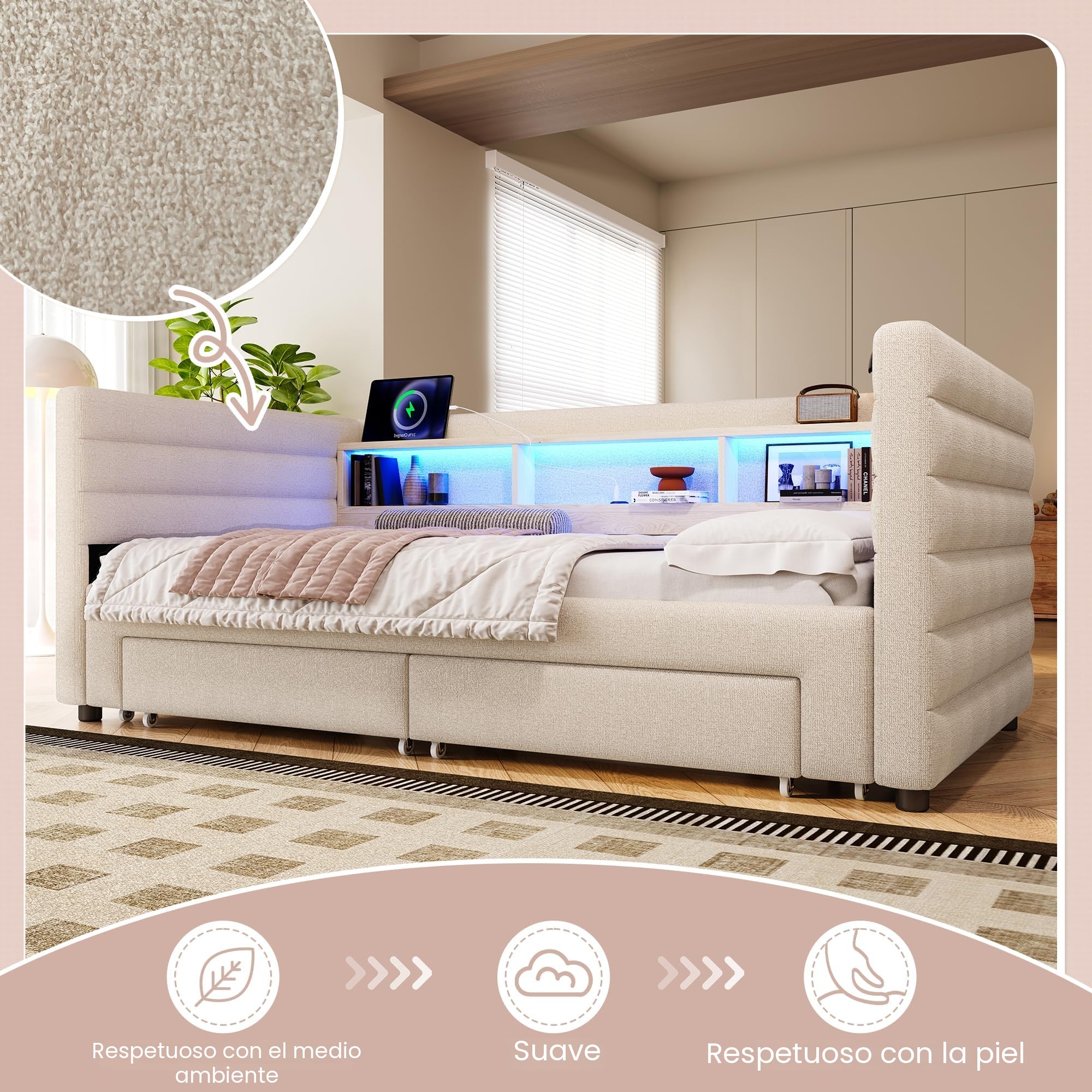 Soweiz Cama diurna, sofá cama, 90 x 190 cm, diseño de cama extraíble, USB + conectores tipo C, con dos cajones, varios compartimentos de almacenamiento, barra de luz, sin colchón, terciopelo (beige)