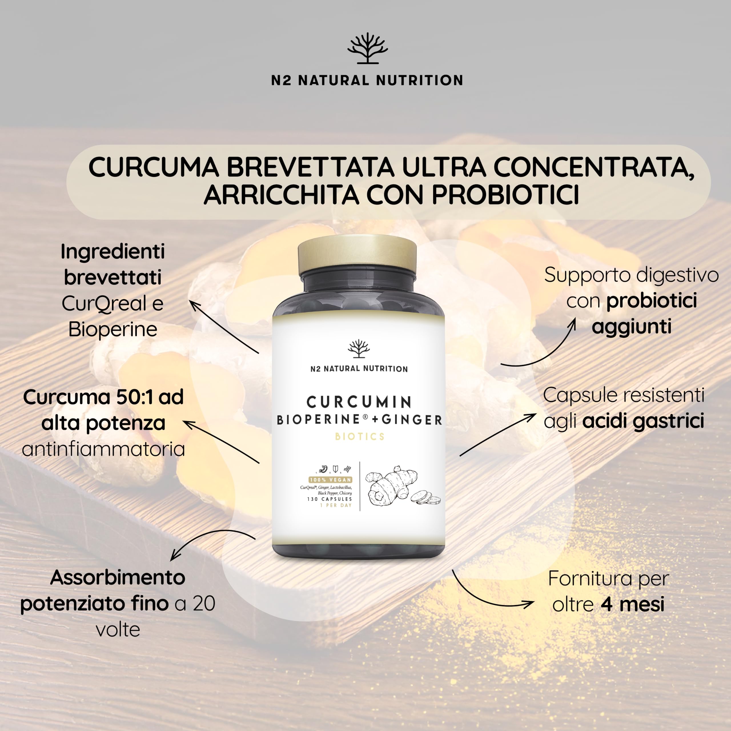 Curcuma con Piperina, Probiotici e Zenzero. 10,000 mg di Curcuma per Capsula (95% di Curcuminoidi). 4 Mesi. Potente azione Antinfiammatoria e Antiossidante. Formula brevettatai N2 Natural Nutrition