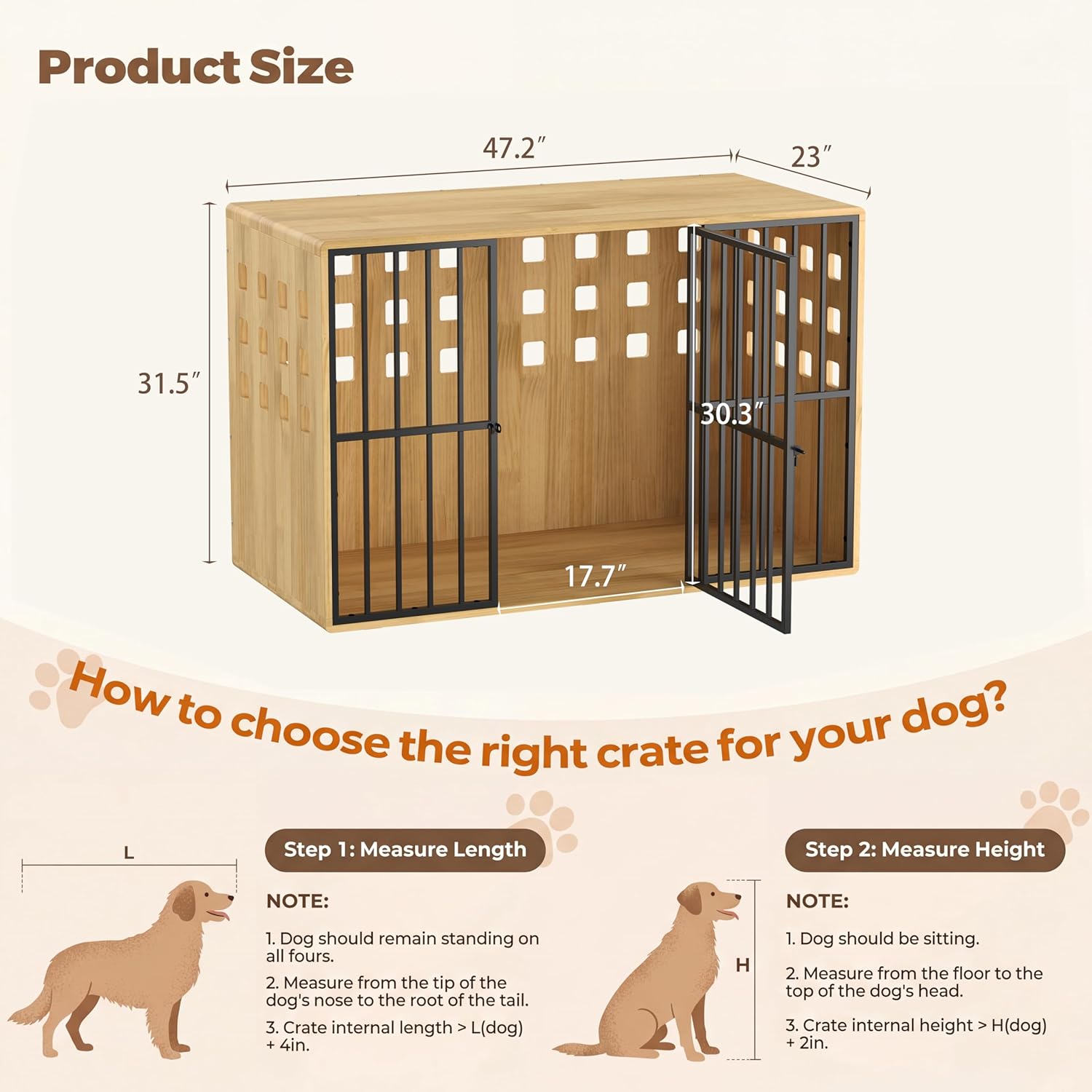Solid Wood Extra Large Dog Crate Furniture for Medium & Large, 47.2 Inches Wooden Dog Crates, Lockable Decorative Kennel Indoor, Heavy Duty Pet Crate Side Tbale for Living Room, Natural