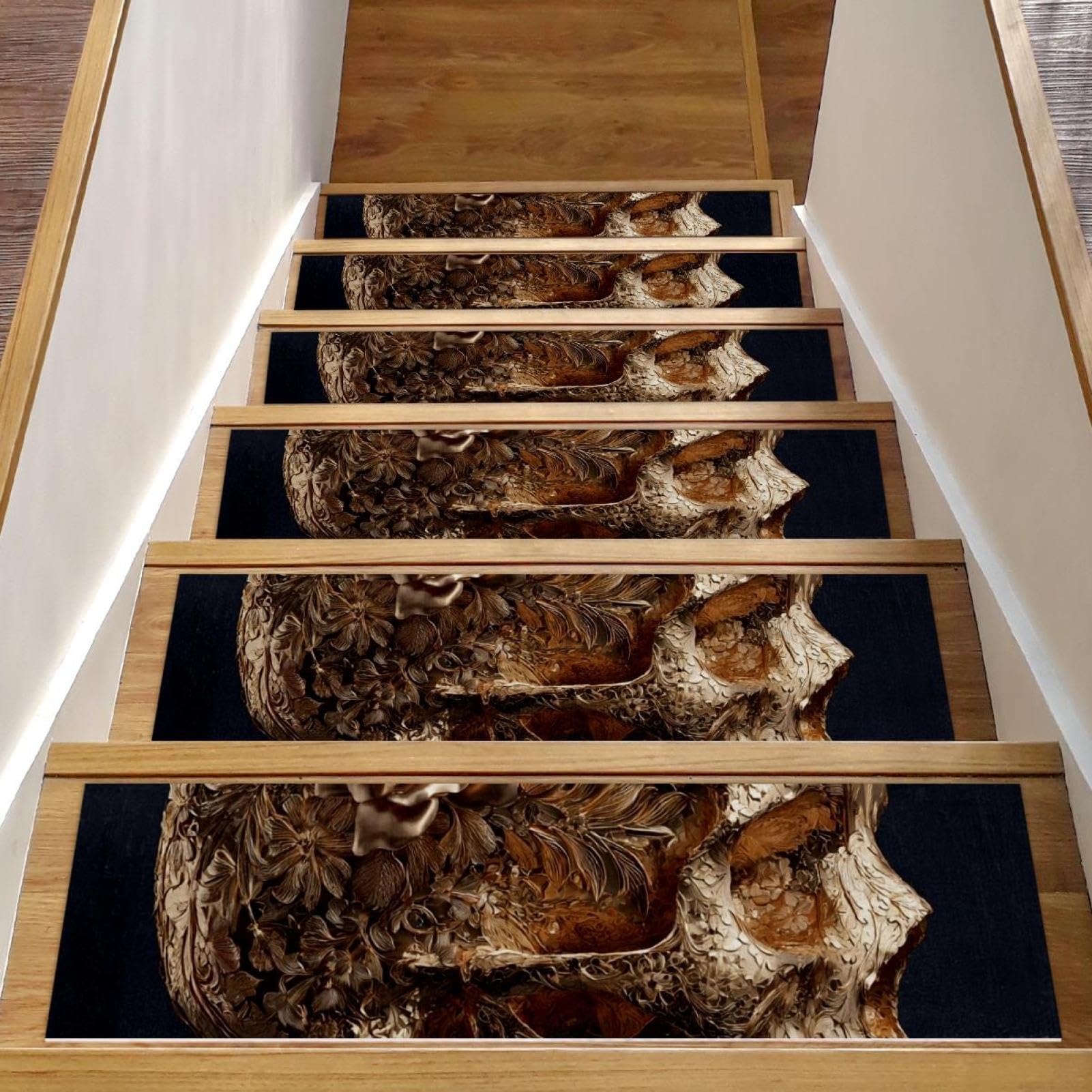 Tapis d'escalier antidérapant haut de gamme design tête de mort rose dorée x15