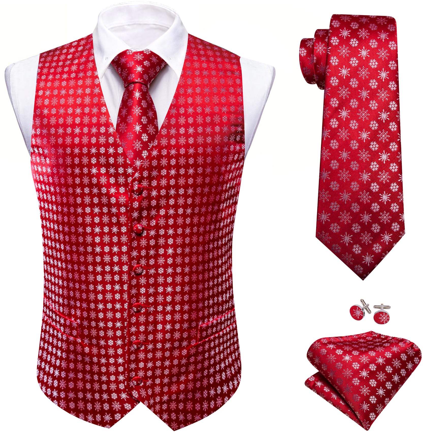 Barry.Wang Mens Red/Green Christmas Suit Vest Tie Holiday Xmas Waistcoat