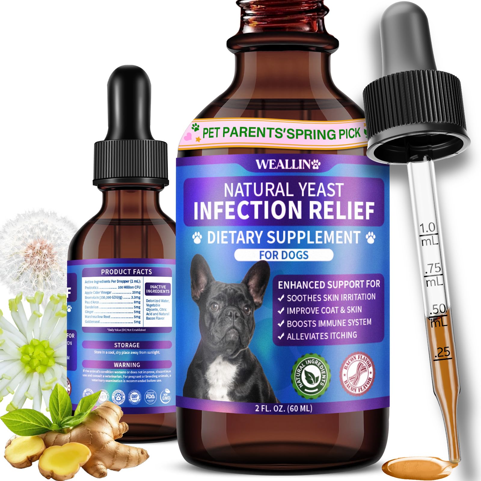 Natural Yeast Infection Treatment for Dogs | Probiotic-Powered Drops with 8-Herbal Blend | Supports Skin, Ears, Allergy Relief | Dog Yeast Infection Treatment Oral Supplement | Bacon-Flavored