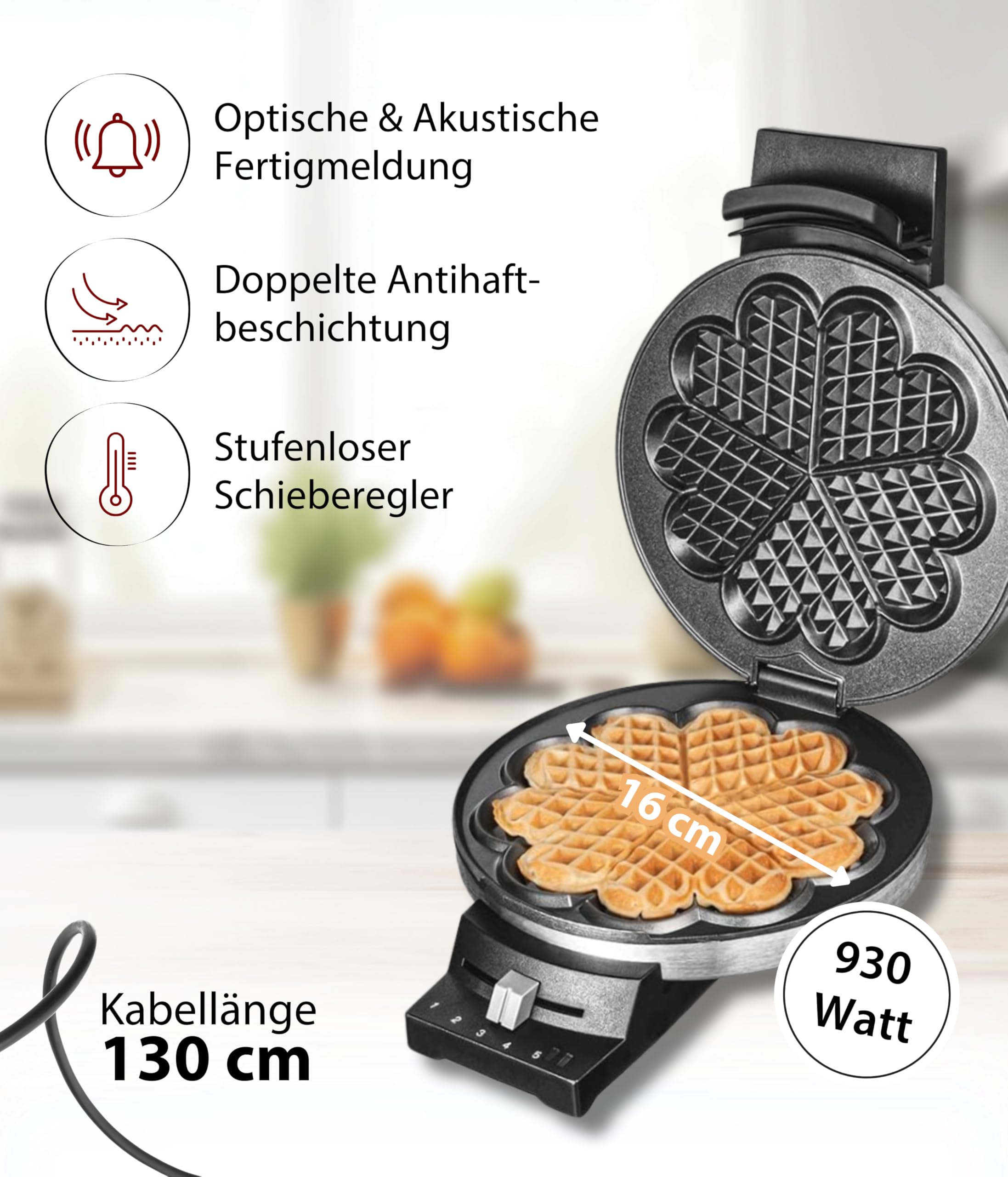 Cloer 189 Waffeleisen für eine Herzwaffel mit 16 cm Durchmesser, Herzwaffeleisen mit Doppelbeschichtung, schweren Backplatten, stufenlosem Bräunungsgrad, Backampel & Signalton, Edelstahl, 930 W