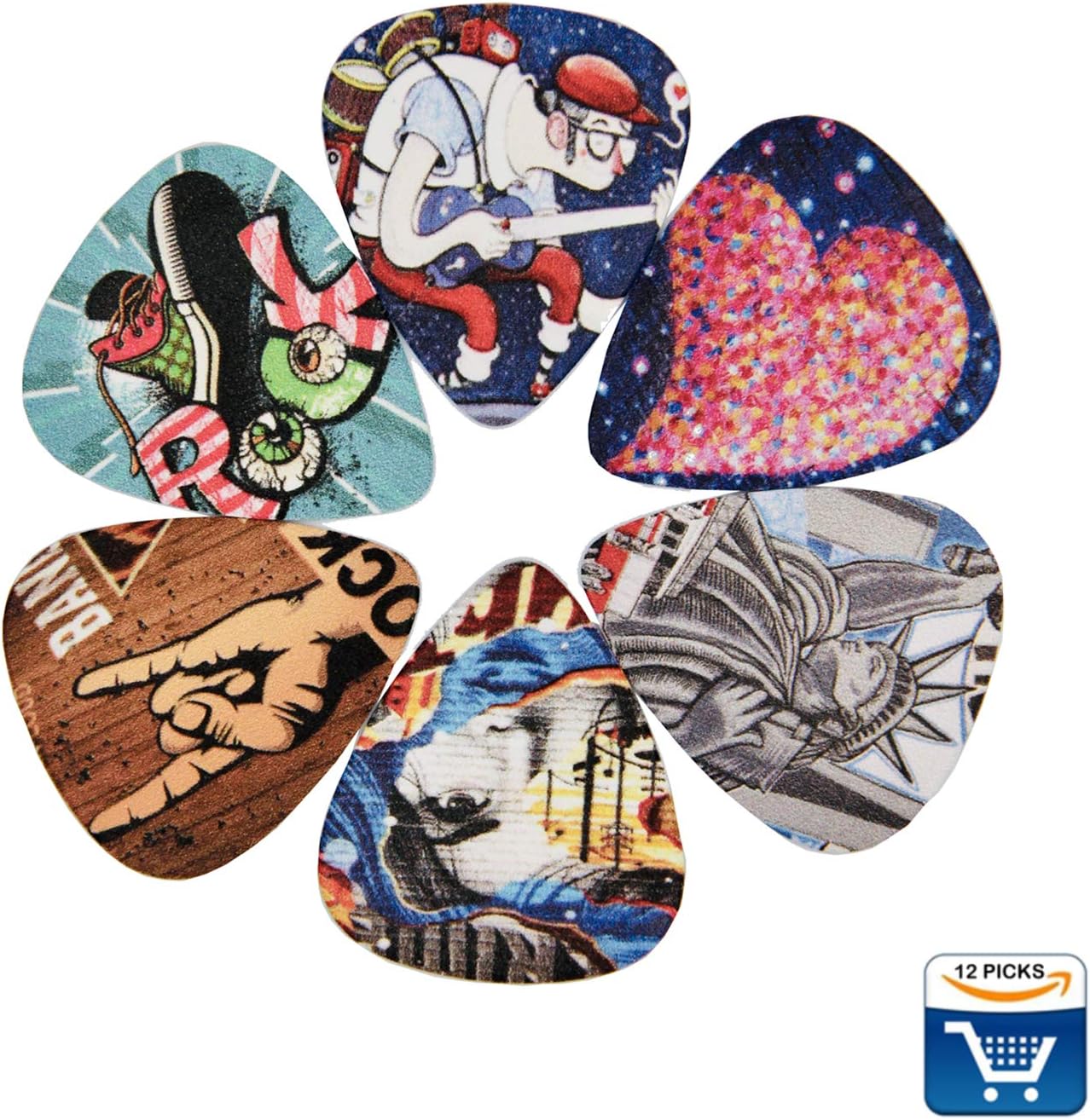 Unique Guitar Picks 12 Medium Gauge Pack with Picks Holder and Plastic Picks Box, SUNLP Hip-Hop Graffiti Themed Guitar Cool Picks for Bass Electric Guitar Acoustic Guitar Lovers guitarists gift