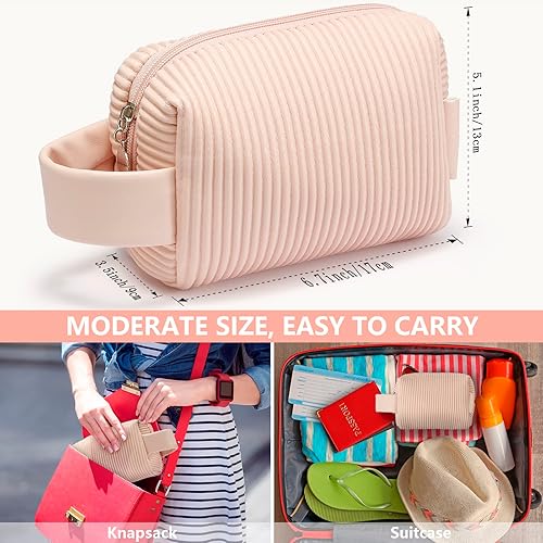 Miniatura 5 de LIYSOCA Pequeña bolsa de maquillaje de piel sintética a rayas, bolsa de maquillaje portátil de viaje, bolsa de cosméticos impermeable con asa,