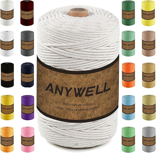 ANYWELL 3-6mm Macrame Cord 3mm x 200m, DIY Craft Cotton String Rope, Corde Macramé, Not Dyed, Natural Color Handmade Soft 4 Strand Twisted, Wall Hanging, Plant Hanger, Jewellery Making, Knitting