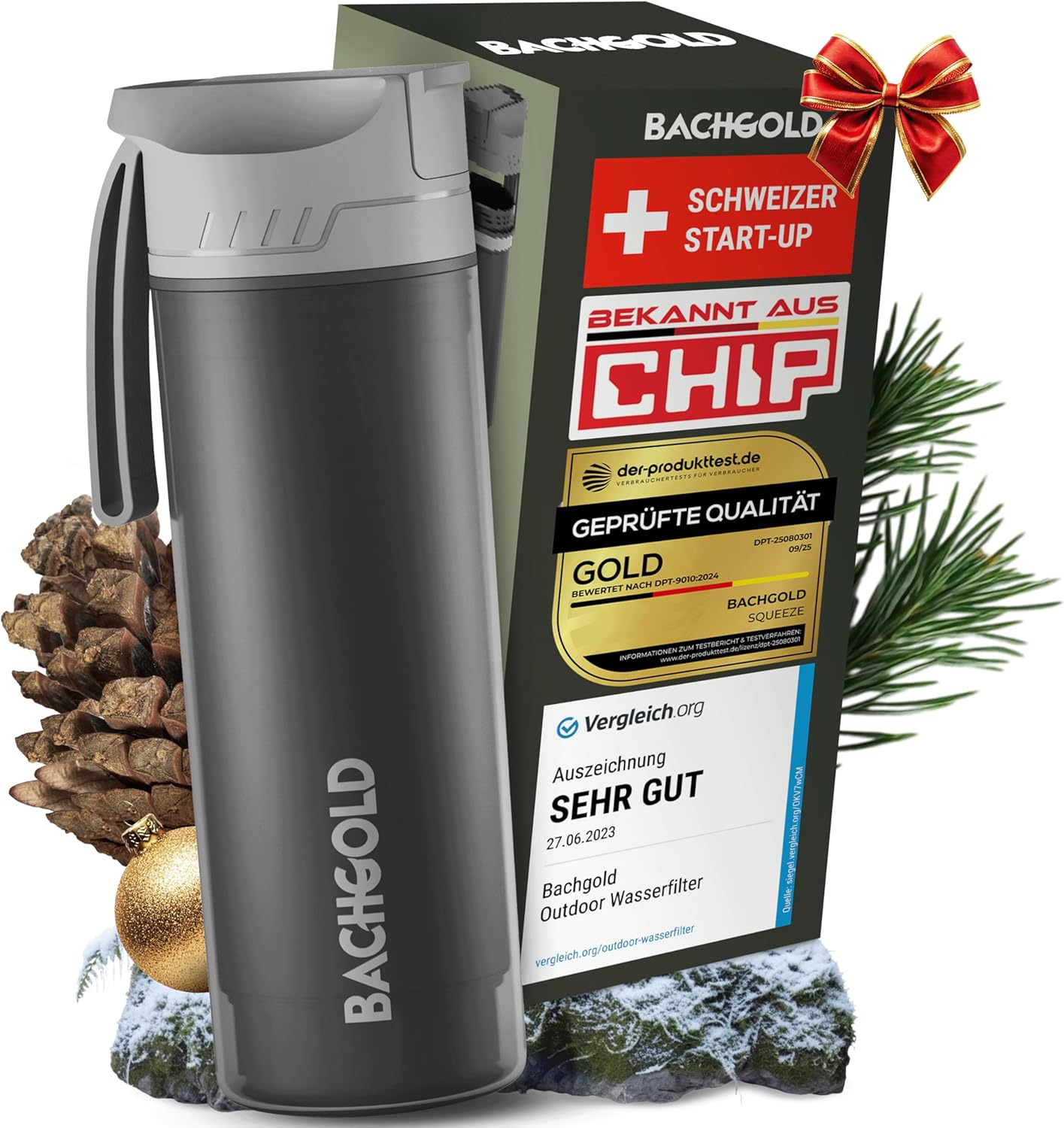 BACHGOLD® Botella filtro purificador para exterior [500ml] capacidad de filtrado 1500L I Elimina el 99,99% de las bacterias y filtra microplásticos, partículas y cloro I Para situaciones críticas negro 500ml