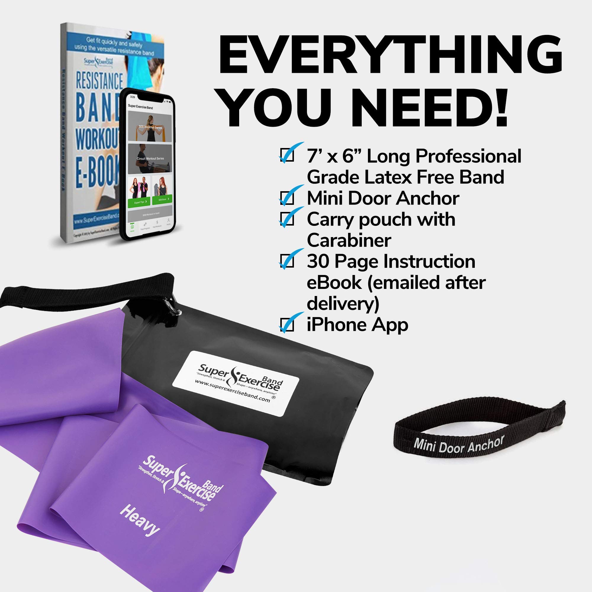 Fascia di resistenza piatta USA resistente viola 2,1 m di lunghezza. Senza lattice. Ancoraggio porta, custodia per il trasporto, e-book e app per iPhone inclusa, palestra, allenamento della forza, fisioterapia, yoga.