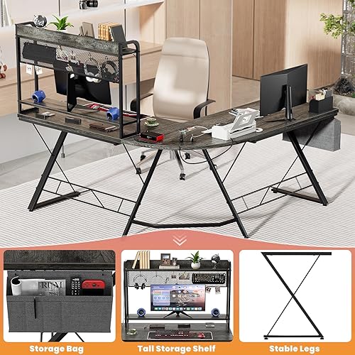 Miniatura 5 de Cyclysio Escritorio para juegos en forma de L con gabinete, escritorio reversible en forma de L con luces LED y tomas de corriente, escritorio de