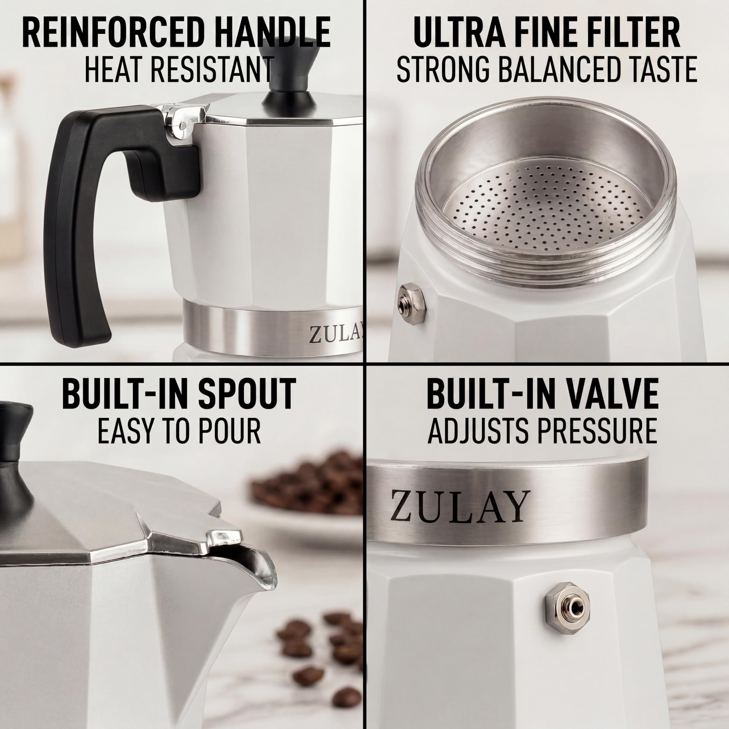 Zulay Premium Moka Pot Espresso - Cafetera espresso a prueba de fugas - Perfecto para auténtico espresso de estilo cubano e italiano - Hace 3 tazas de espresso, color blanco