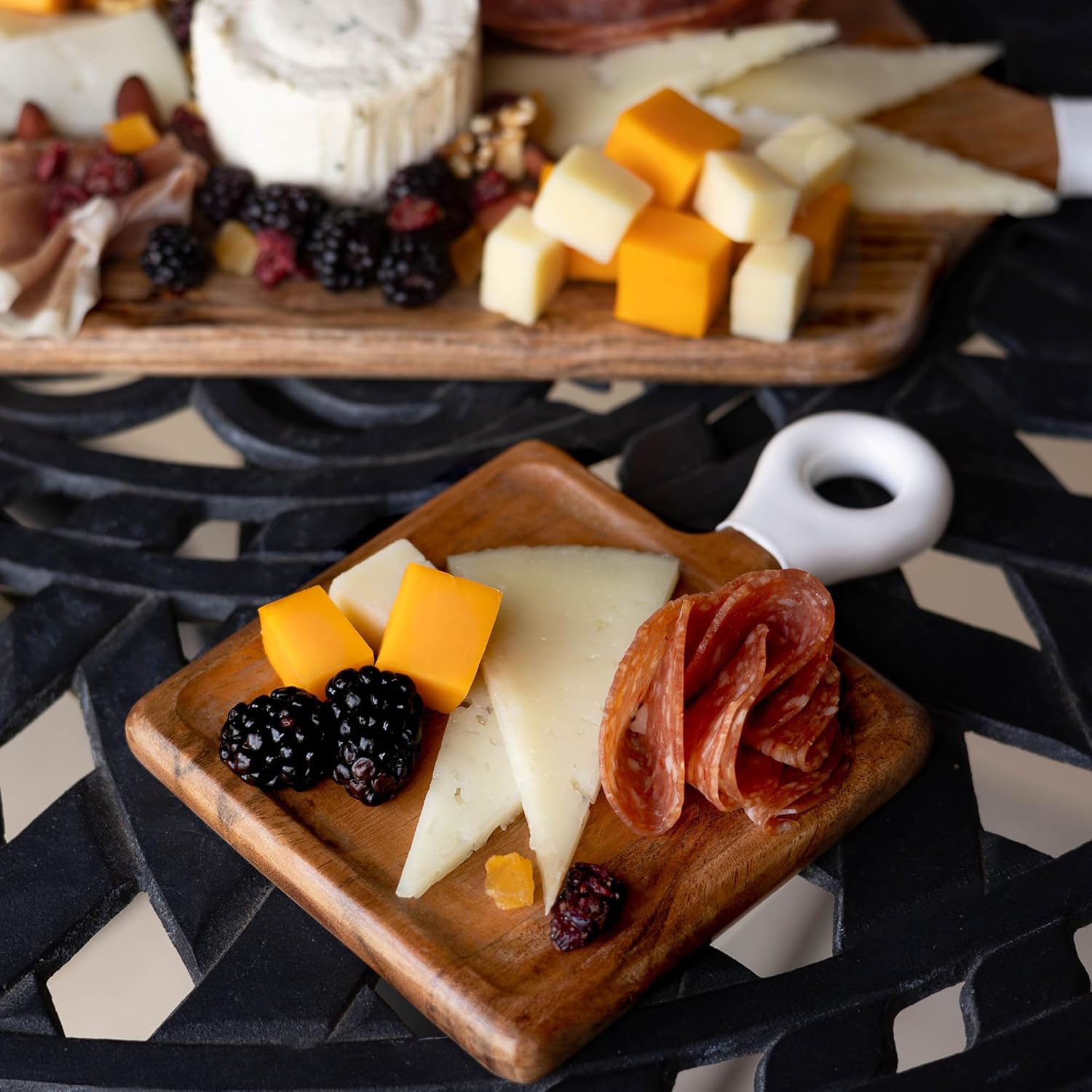 Charcuterie Boards, Set of 8-8"x6" Acacia Wood Mini Serving Boards for Kitchen, Stand Included, White Enamel Handles, Non Plastic, Real Hardwood Serving Trays For Food, Cheese, Meat, Etc