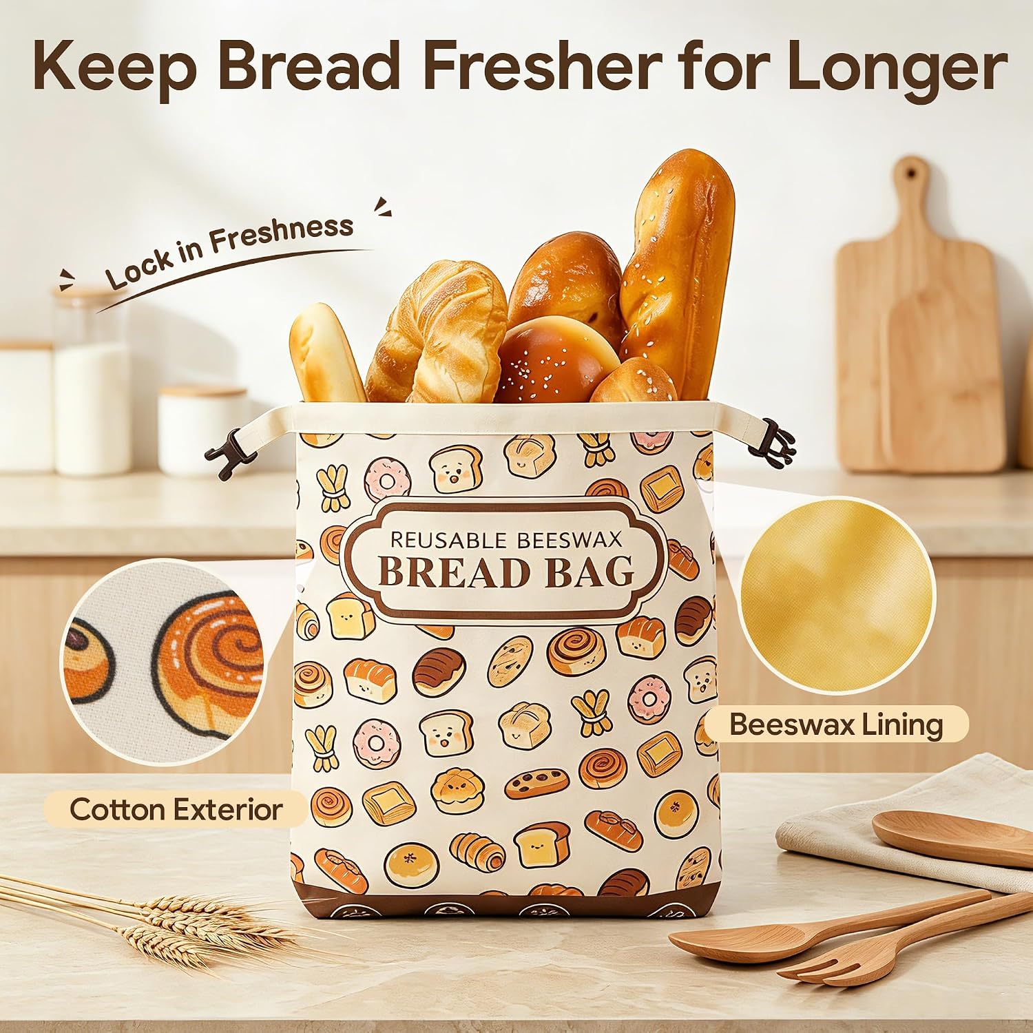 Beeswax Bread Bag, 2 Pack Reusable Bread Bags for Sourdough & Homemade Bread, Phsfem XL Size Organic Cotton Linen Bags with Natural Beeswax Lining,for Bread Freshness,Friendly Use, Multicolor