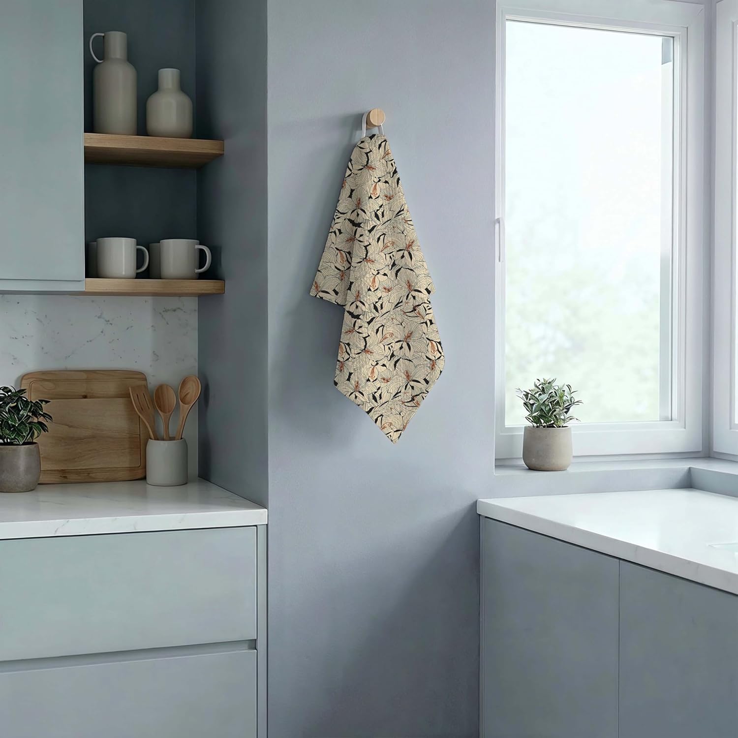 Vintage Lily Floral Kitchen Towels Dishcloth, Cottagecore Flower Botanical Decorative Hand Towels for Bathroom, Beige and Black Farmhouse Drying Dish Towel 16x24 inch image 4
