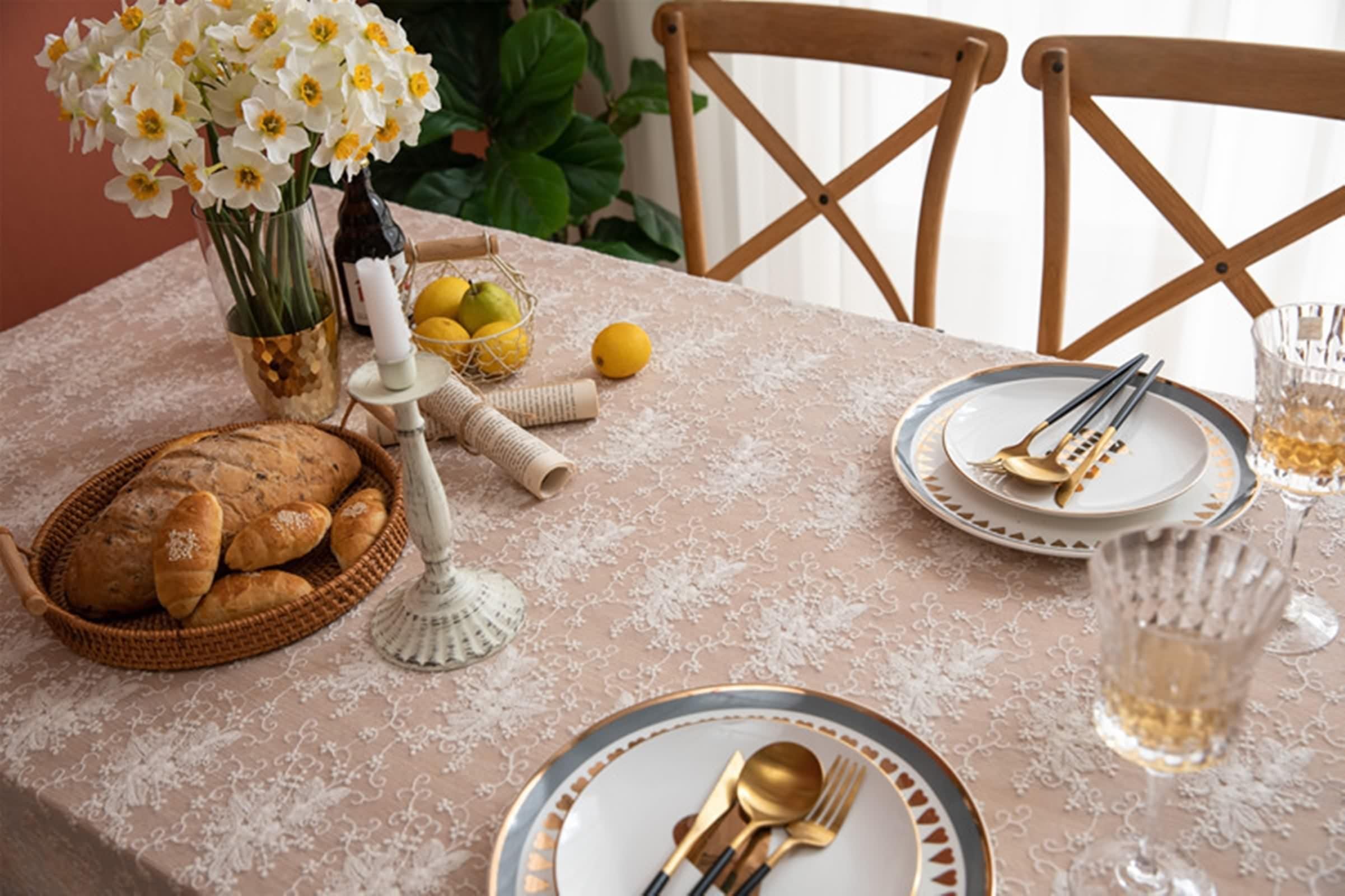 Tovaglia Tavolo Cucina, Tovaglia Cucina Rettangolare Beige Poliestere Fiore Di Pizzo Ricamato Copritavolo 130X180CM per Soggiorno