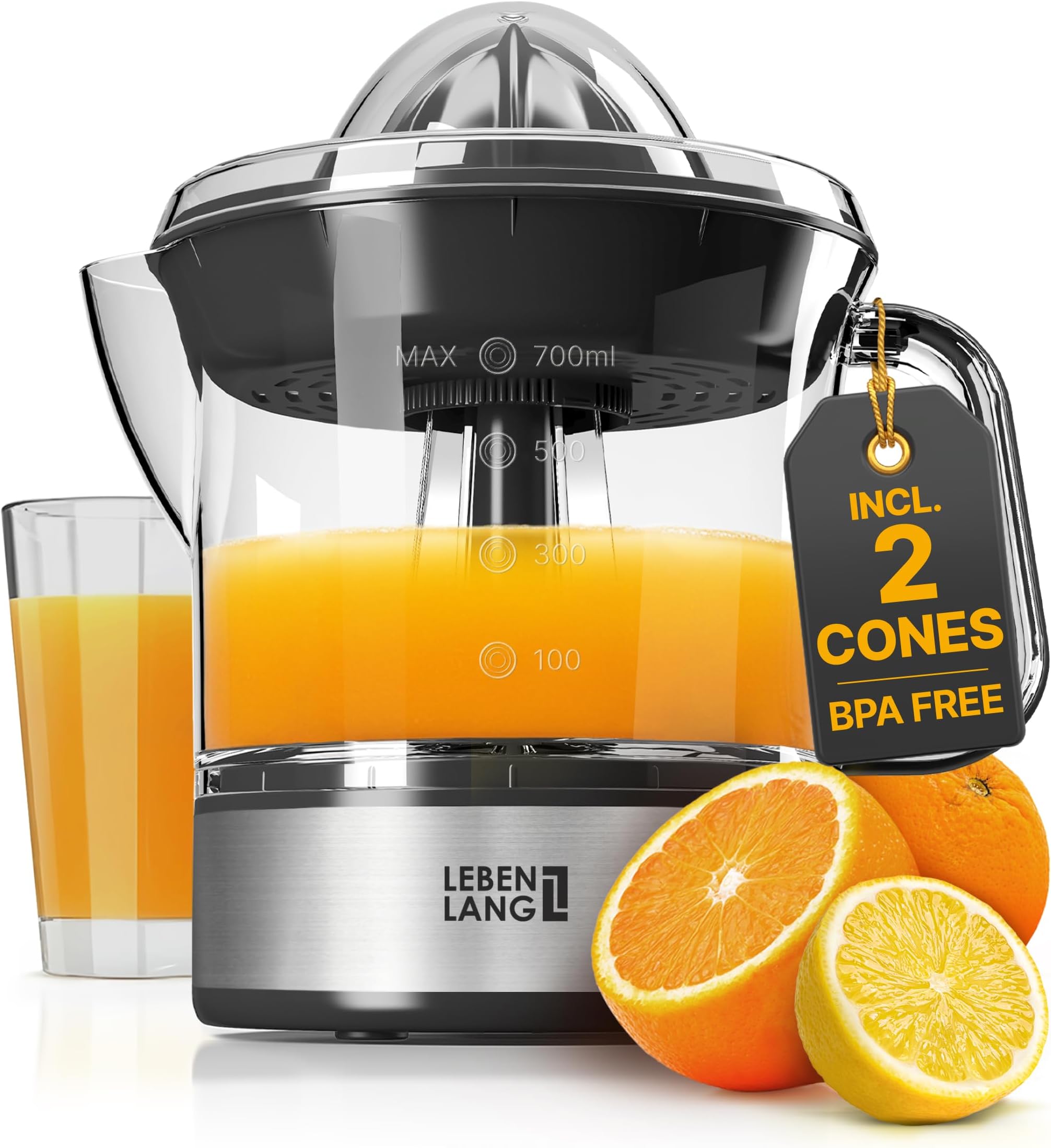 LEBENLANG – Electric juicer max juice yield | Citrus juicer + 2 cones 40W | Lemon, lime, orange, fresh fruit squeezer machine | Automatic lever press extractor | exprimidor de naranjas electrico