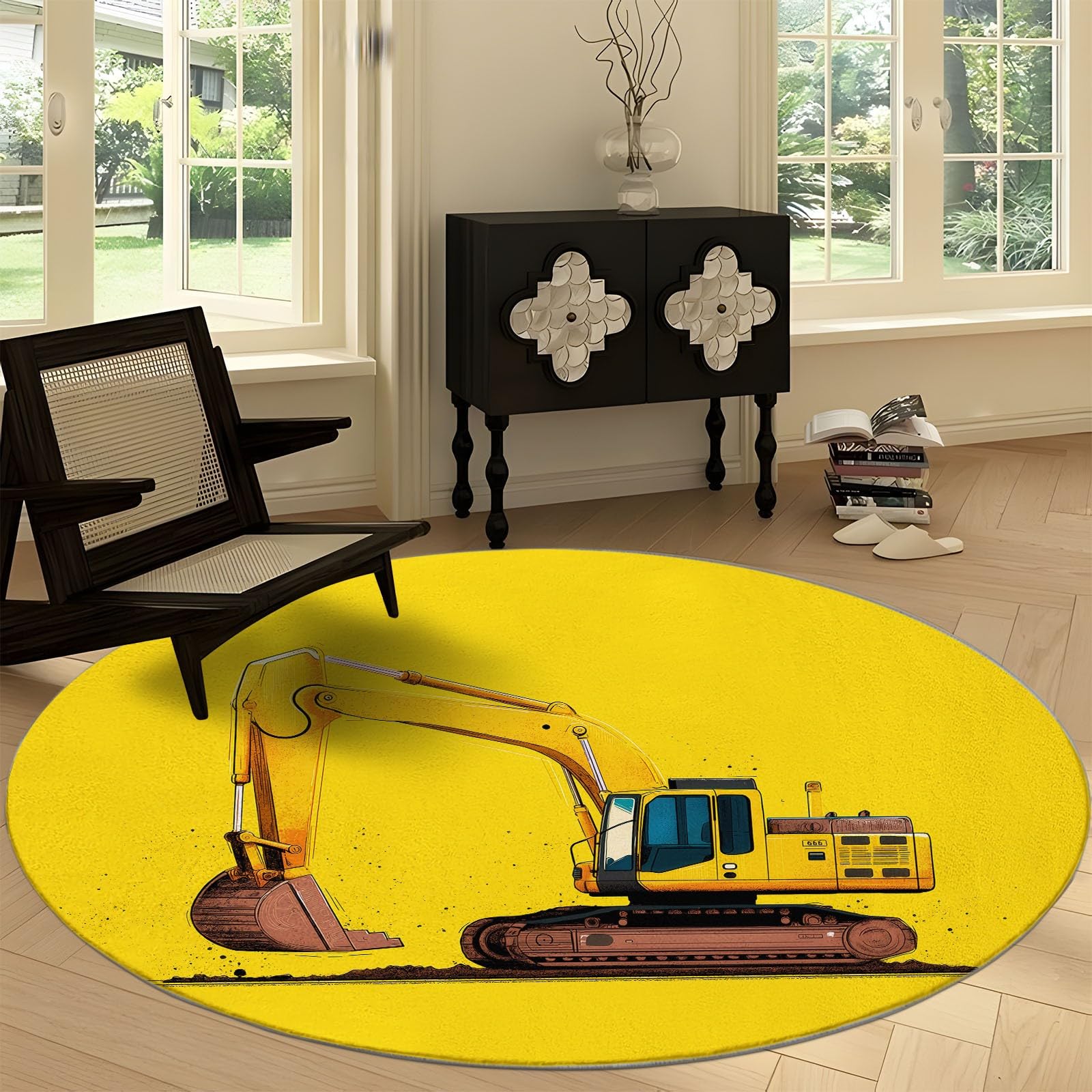 Generico Tappeto Rotondo Lavabile 160 cm per Soggiorno, Tappetino Antiscivolo Resistente Cartoon Veicoli da Costruzione - Tappeto Morbido Stampato Giallo Senape per Camera da Letto Cameretta Cucina