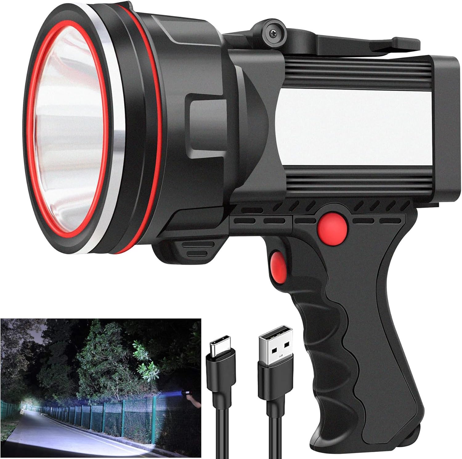 Rechargeable Spotlight Flashlight, Super Bright Handheld Spot Light with COB Light & Foldable Stand, Waterproof Long Lasting Hand Held Searchlight Spotlight for Boating Camping Hunting Fishing