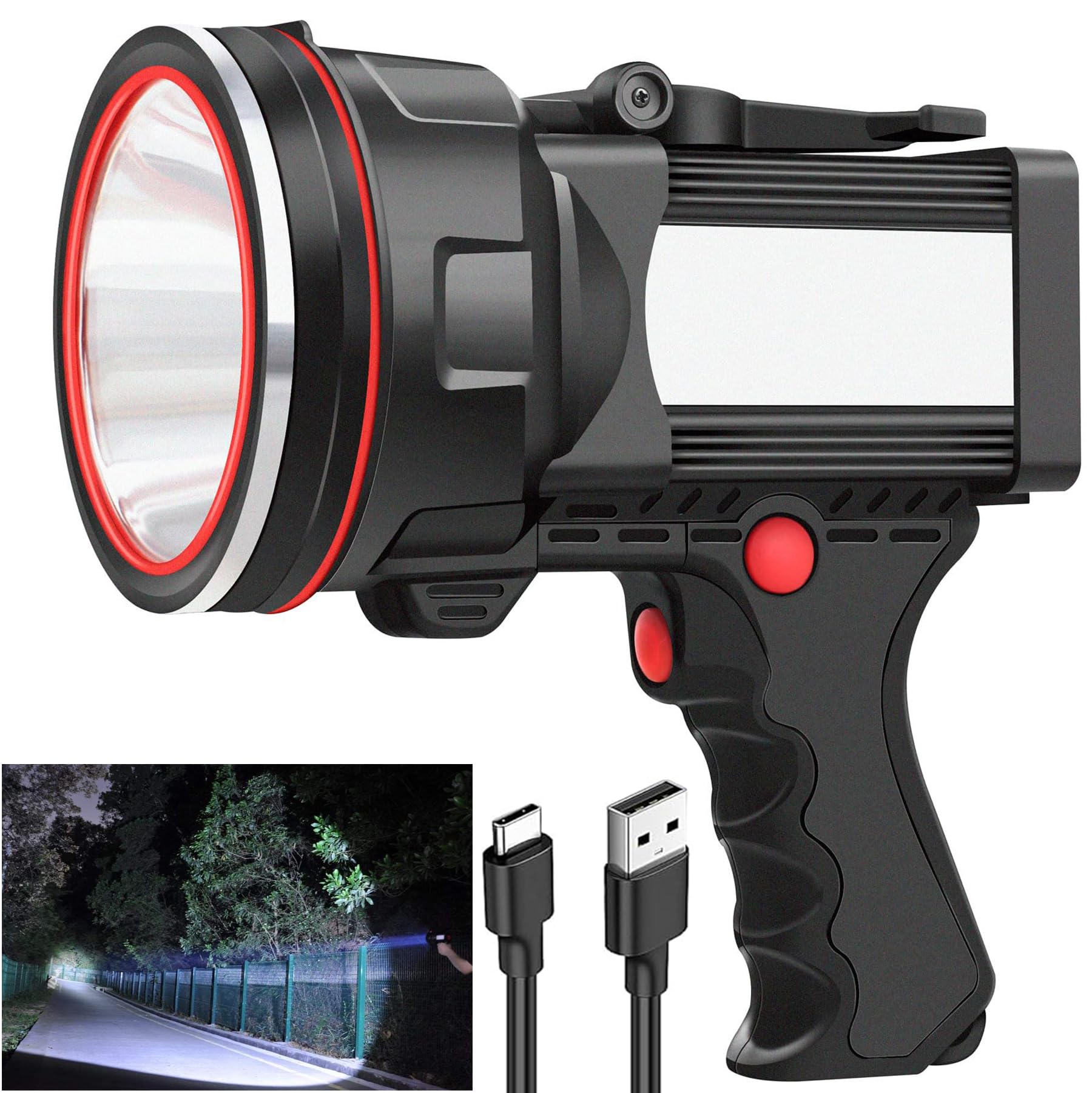 anlook Rechargeable Spotlight Flashlight, Super Bright Handheld Spot Light with COB Light & Foldable Stand, Waterproof Long Lasting Hand Held Searchlight Spotlight for Boating Camping Hunting Fishing