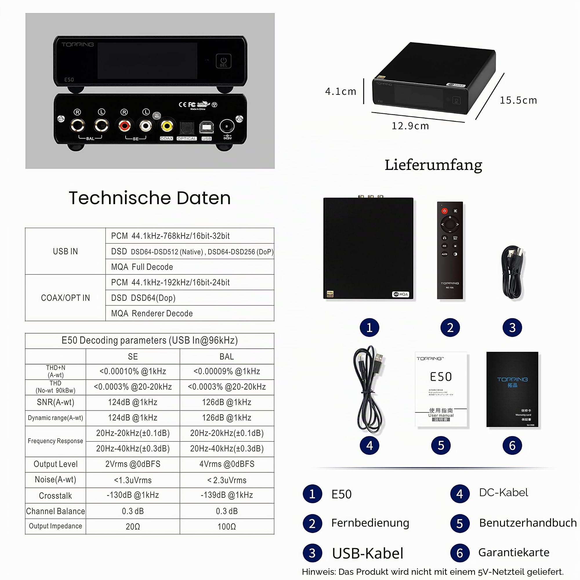 Topping E50 Mini HiFi DAC ES9068AS DSD512 PCM768kHz USB DAC USB/Koax/Opt Eingänge RCA/TRS Ausgänge Decoder für Heimkino Spielmusik Silber