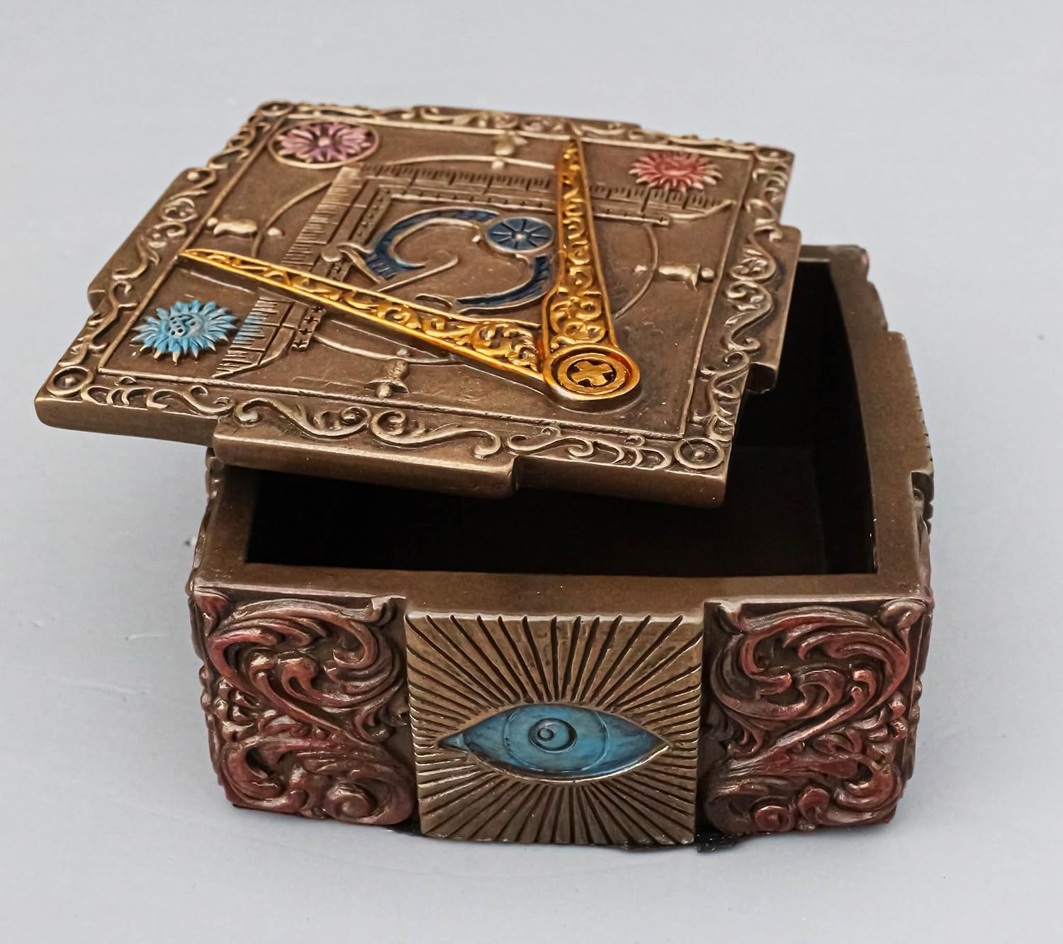 Ebros Stonemasons Masonic Fraternity Logo Small Decorative Box Freemasonry Square and Compasses Regalia With All Seeing Eye Of Providence Symbol Christian Ritual Morality Jewelry Trinket Stash Storage