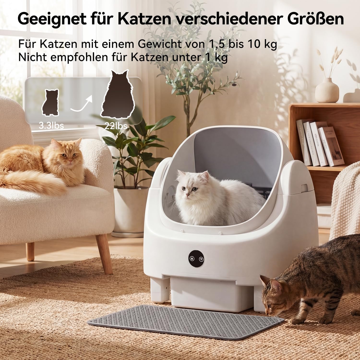 Selbstreinigende Katzentoilette, Katzenklo Selbstreinigend mit Sicherheits Geruchskontrolle, Automatischer App-Steuerung für Katzen, Inklusive Katzenstreumatte,Müllbeutel und Duftbox, Weiß