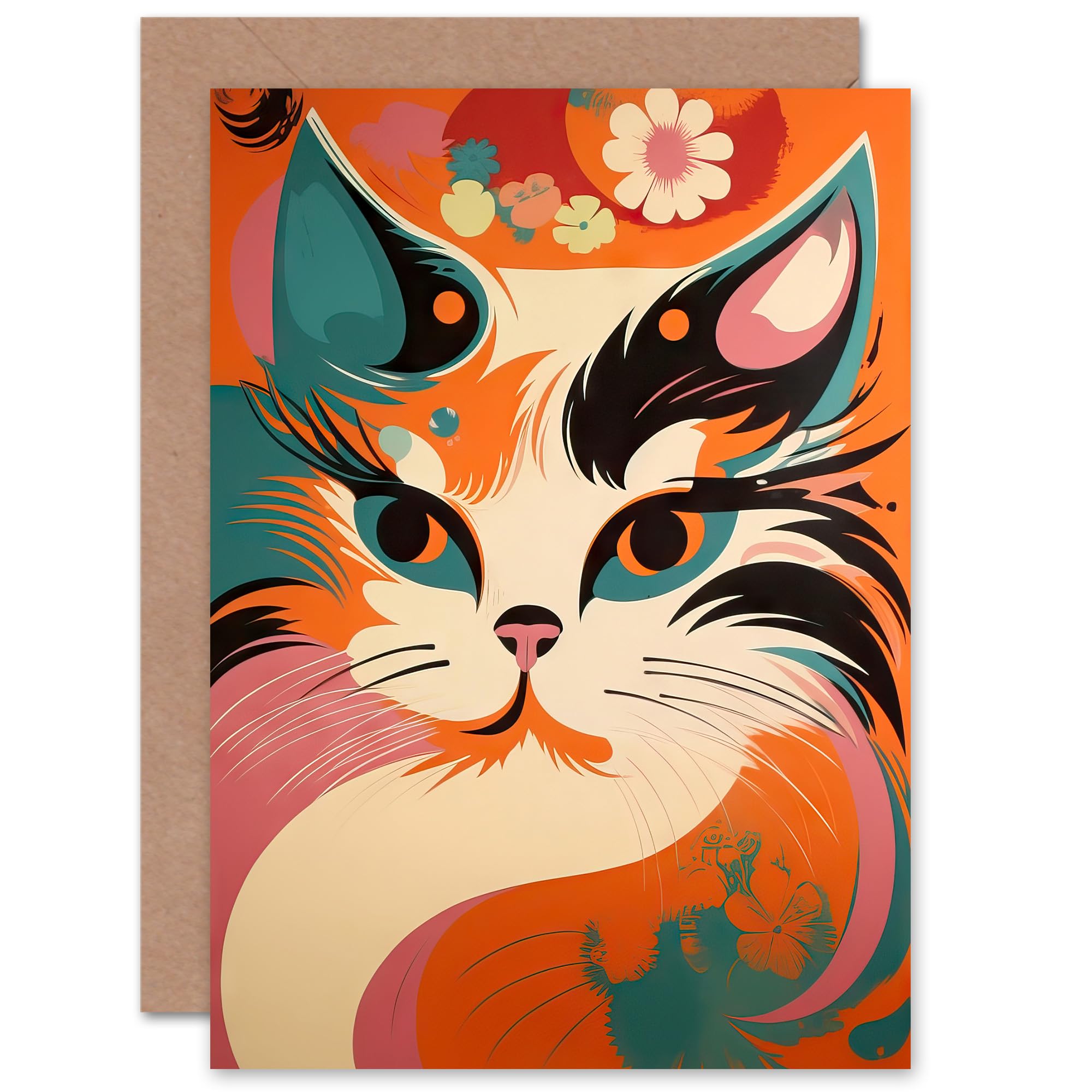 Artery8 Boho Cat Lover Orange Blue Teal Pink Floral Retro for Wife Her Mum Sister Daughter Mom Gran Nan Birthday Thank You Congrats Blank Art Greeting Card