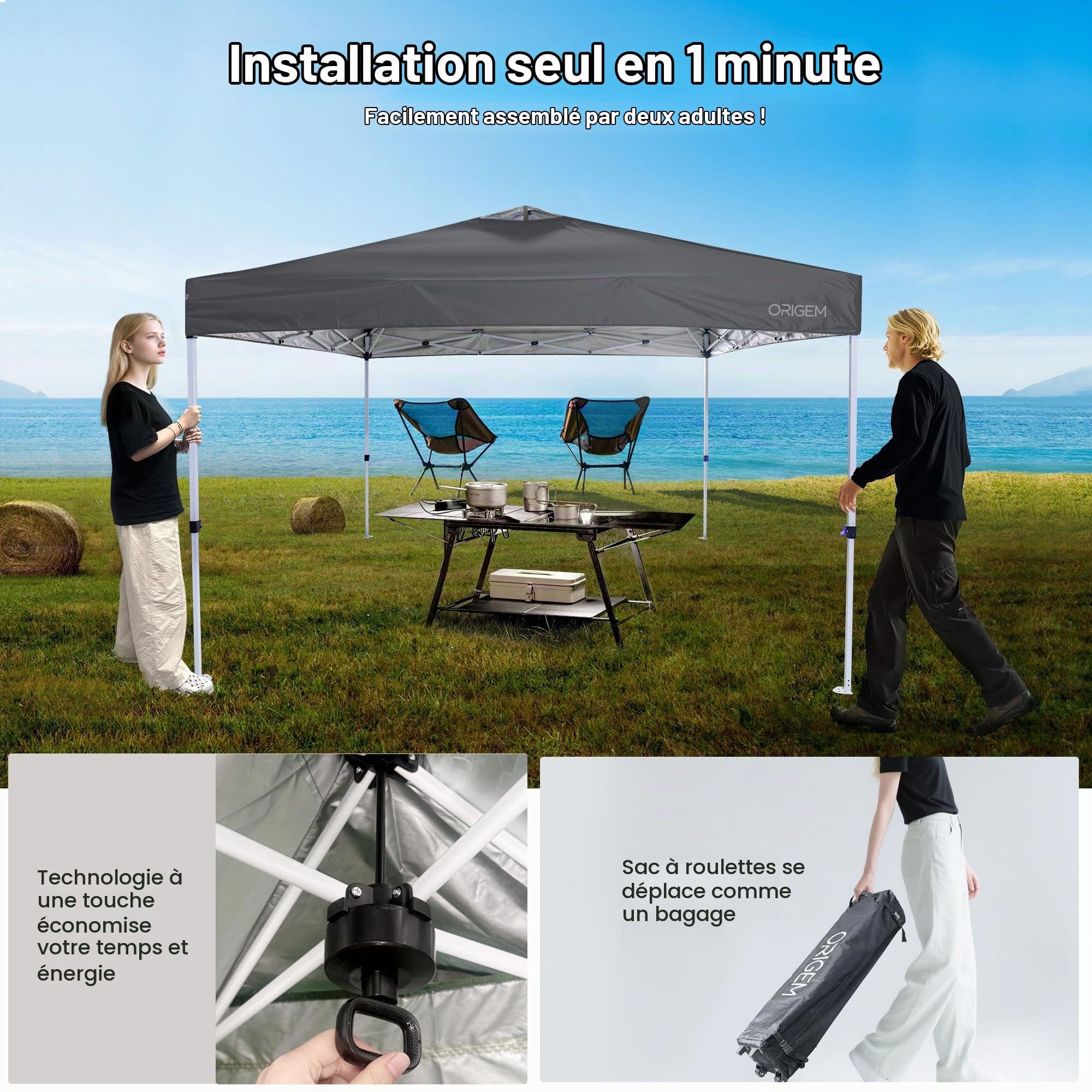 Origem Tonnelle de Jardin Extérieur 3x3 Pliante Imperméable avec Parois | Montage rapide en un geste, parois latérales, sac à roulettes, abri pour jardin, camping, marché et événements en plein air