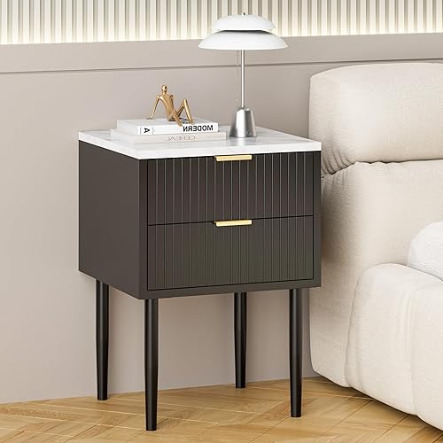 Miniatura 6 de Anbuy Juego de 2 mesitas de noche de mármol negro con cajones, mesita de noche a rayas con mango dorado, mesita de noche con parte superior de