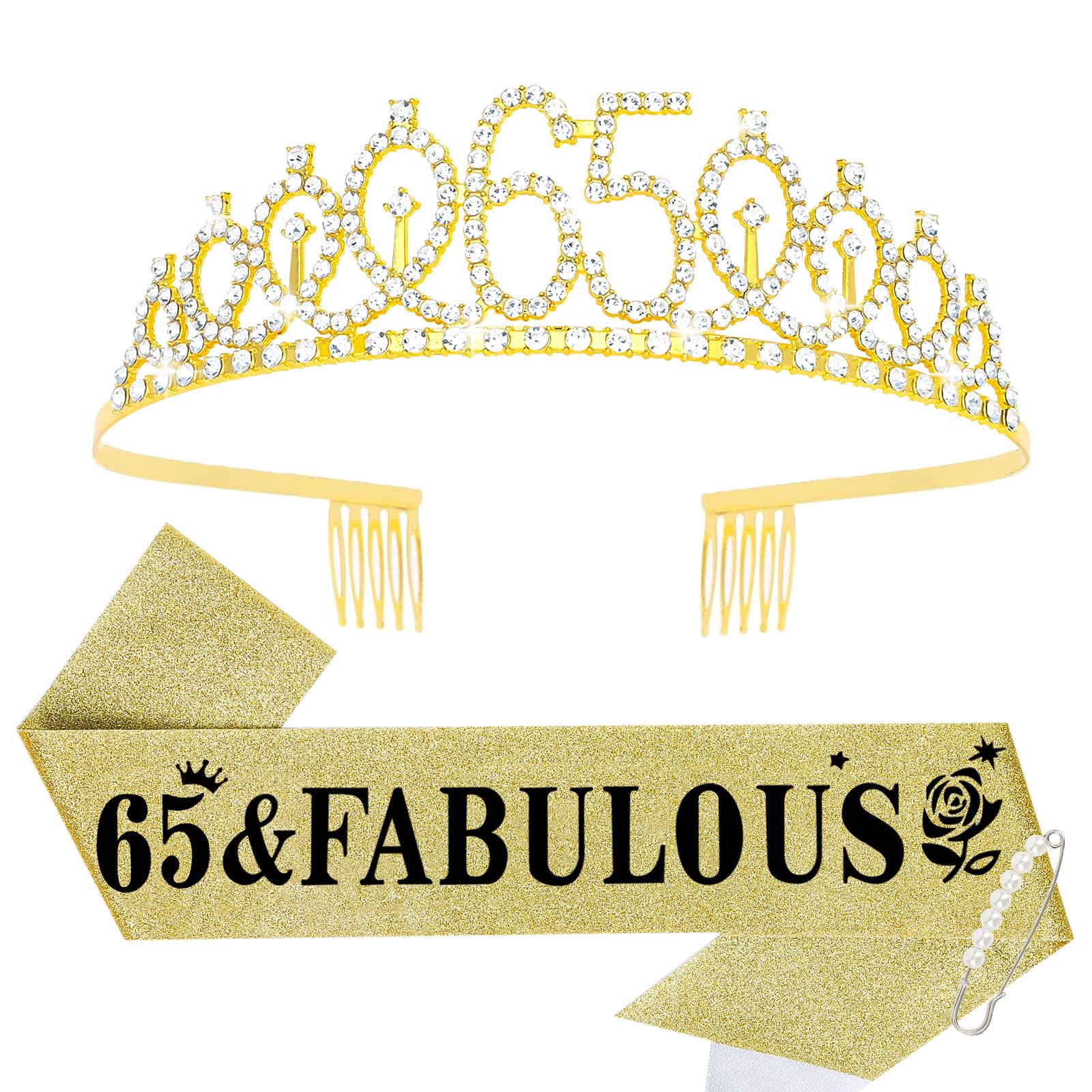 Casoty Gold 65th Birthday Sash and Tiara, 65th Birthday Decorations for Women, 65 & FABULOUS Sash and Crown, Party Supplies Favors for Women Gifts for