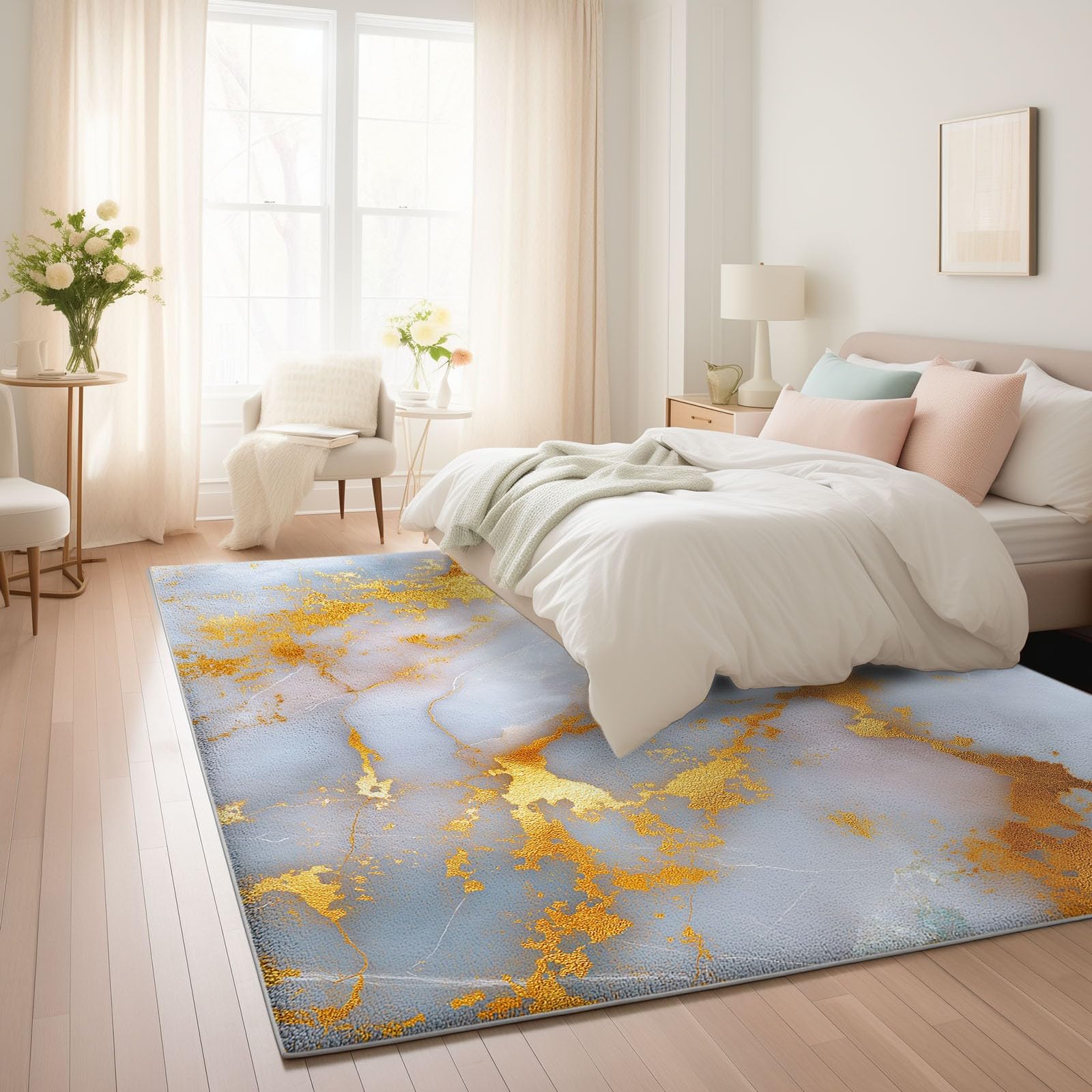 Tappeto in flanella, tappeto di lusso con texture in marmo oro, morbido tappeto shaggy per salotto e camera da letto moderni, decorazione per la casa di fascia alta, 140 x 200 cm