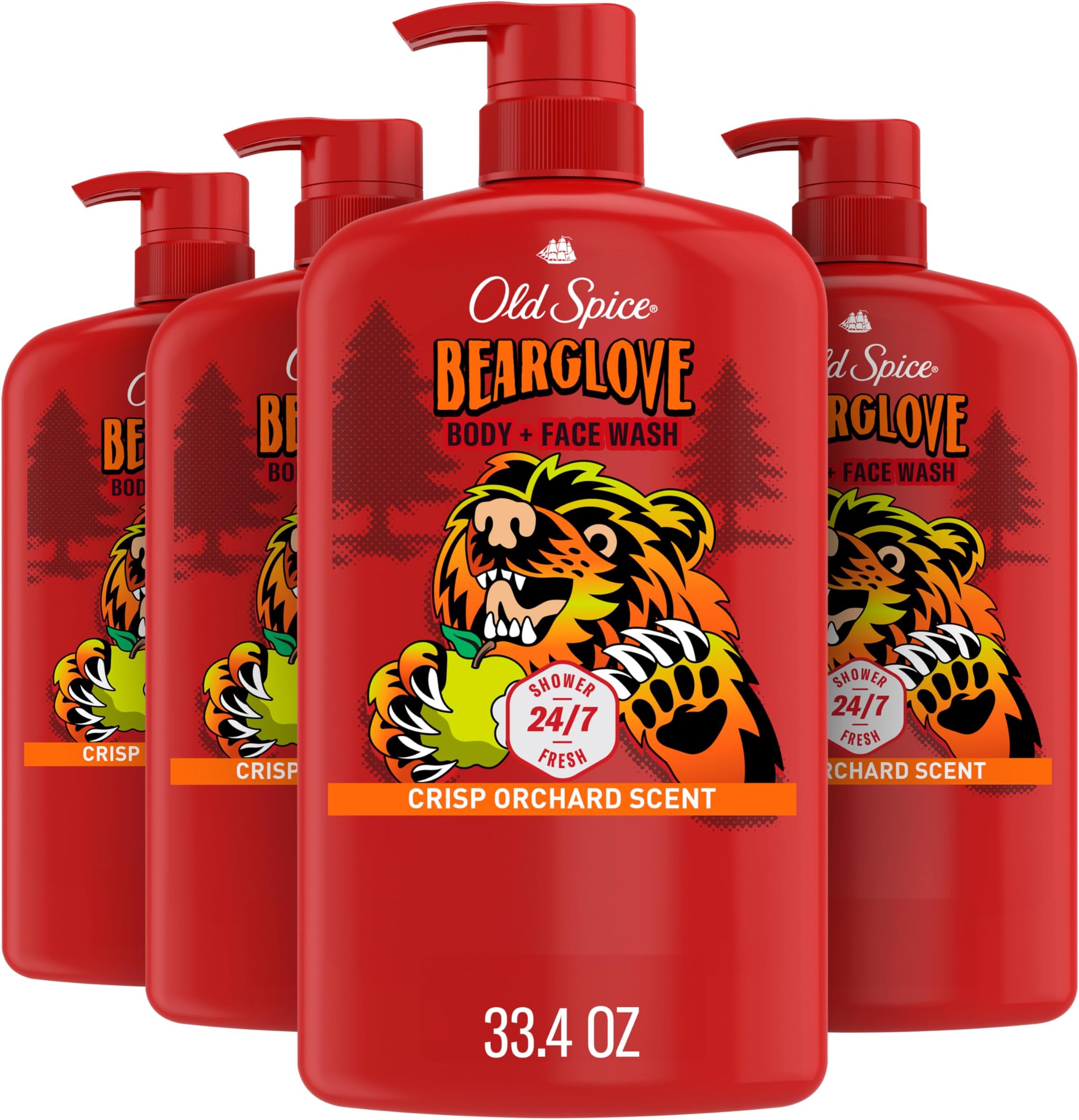 - Cleansing Body Wash for Men, 3X Defense, 24/7 Shower Fresh with Lasting Scent, 2-in-1 Body & Face Wash, Bearglove with Crisp Orchard Scent, 33.4 (Pack of 4)