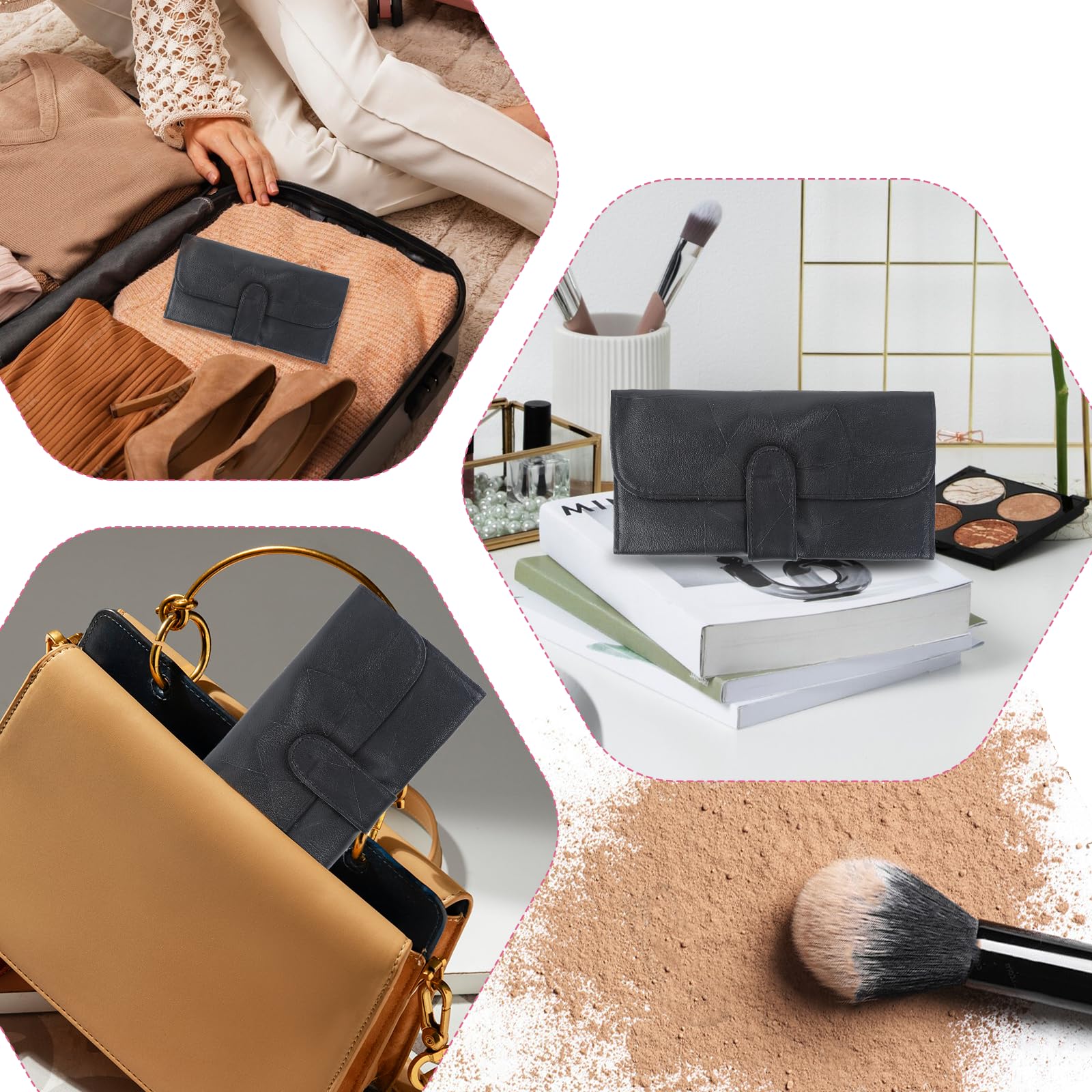 JJUNW Schwarz Reise Make-up Pinsel Tasche, Make-up Pinsel Roll Up Organizer Tasche, PU Leder Make-up Pinsel Fall Kosmetiktaschen Halter für Frauen kann 12 Tasche Kosmetik Pinsel halten