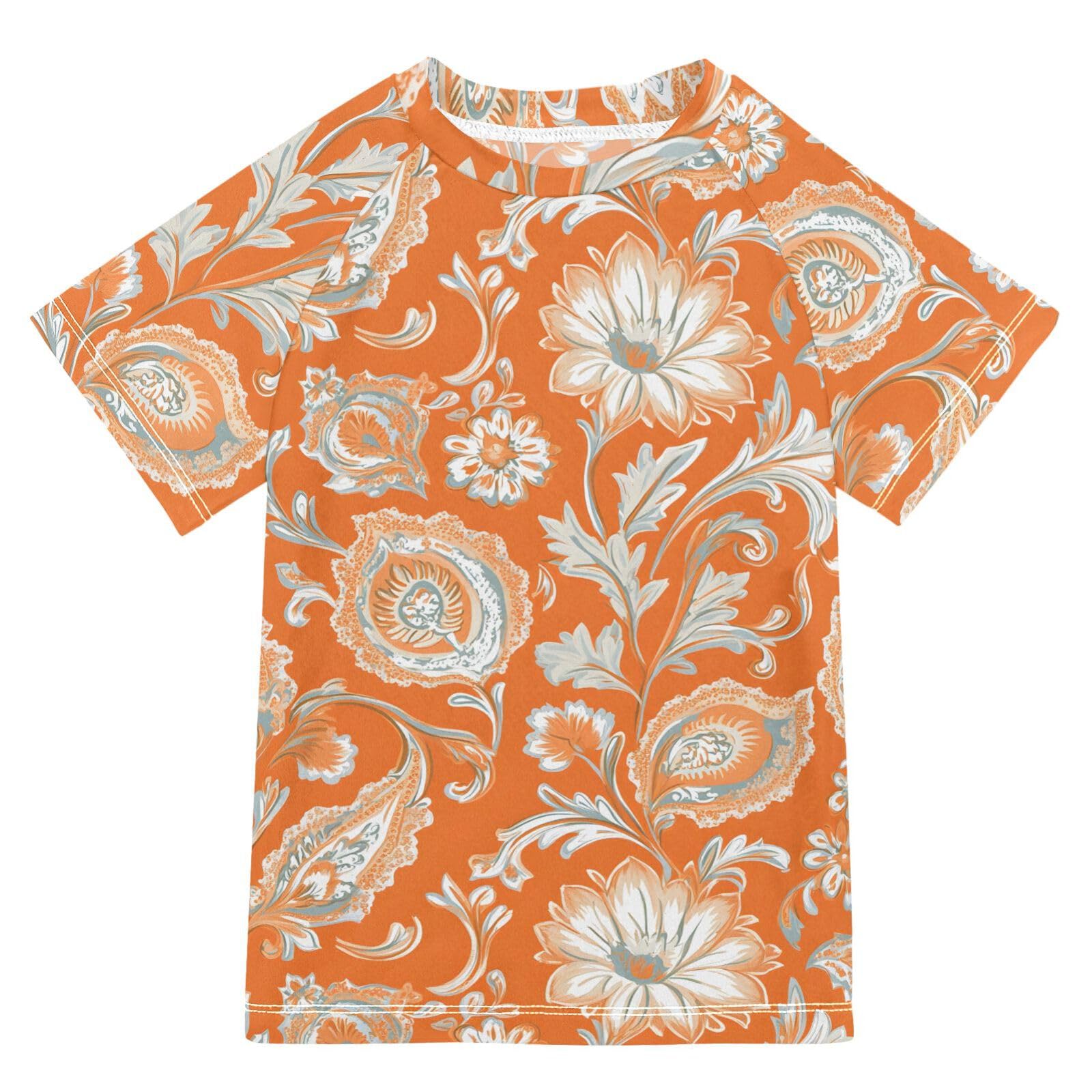 ALAZA Boys Rash Guard Swimming Shirt for Boys Short Sleeve Paisley Orange UPF 50+ 5-6T