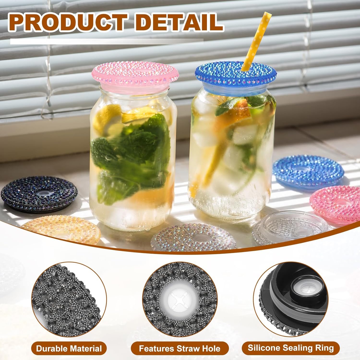 uxcell 2Pcs Acrylic Lids for 16 oz Glass, Reusable Plastic Tumbler Replacement Lids Rhinestone Canning Caps with Hole for Beer Can Drinking Glasses Tumblers, Metallic Gray