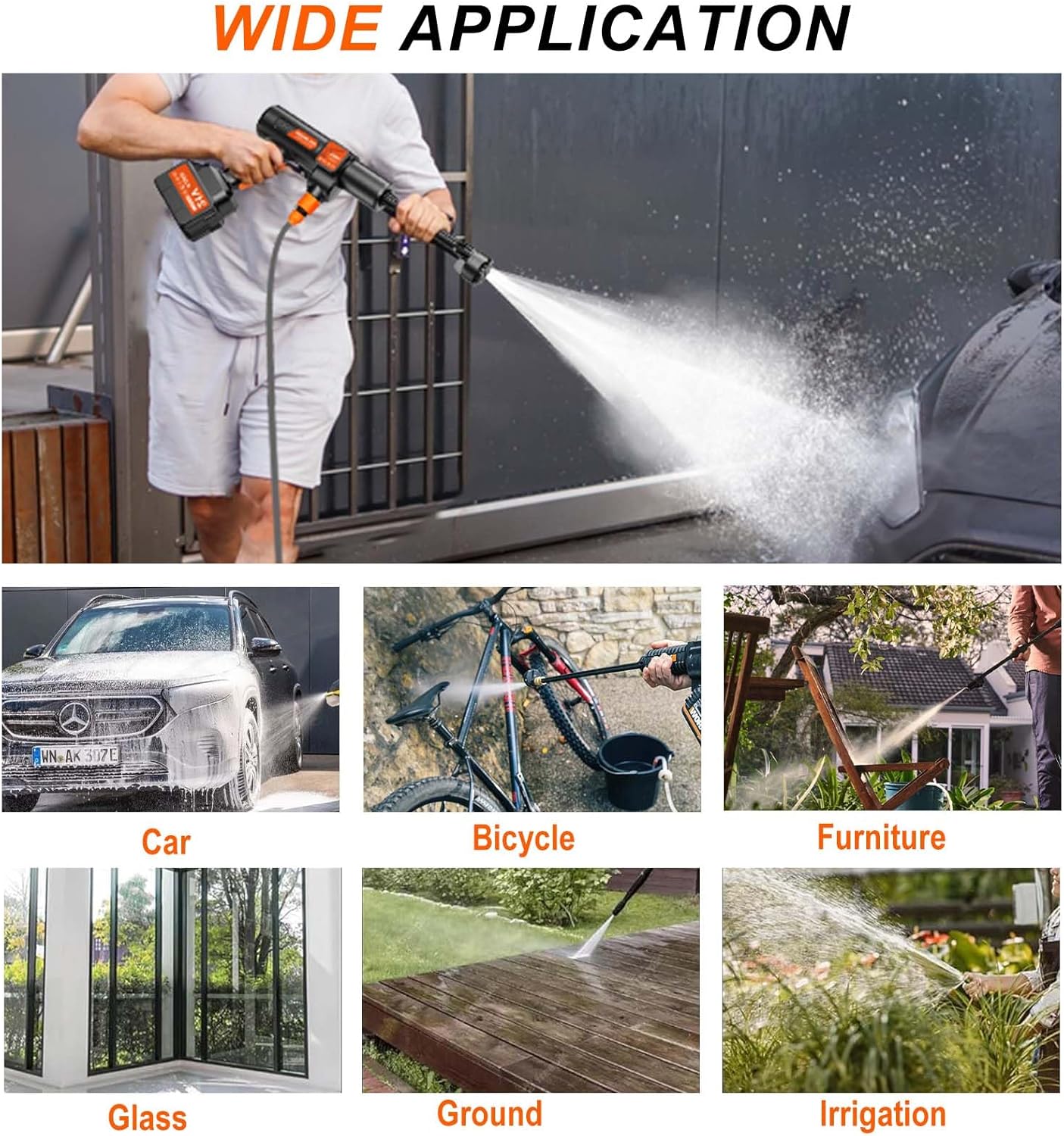 Collage of images demonstrating various applications of the pressure washer, including washing a car, cleaning a bicycle, spraying furniture, cleaning glass, washing ground, and garden irrigation.