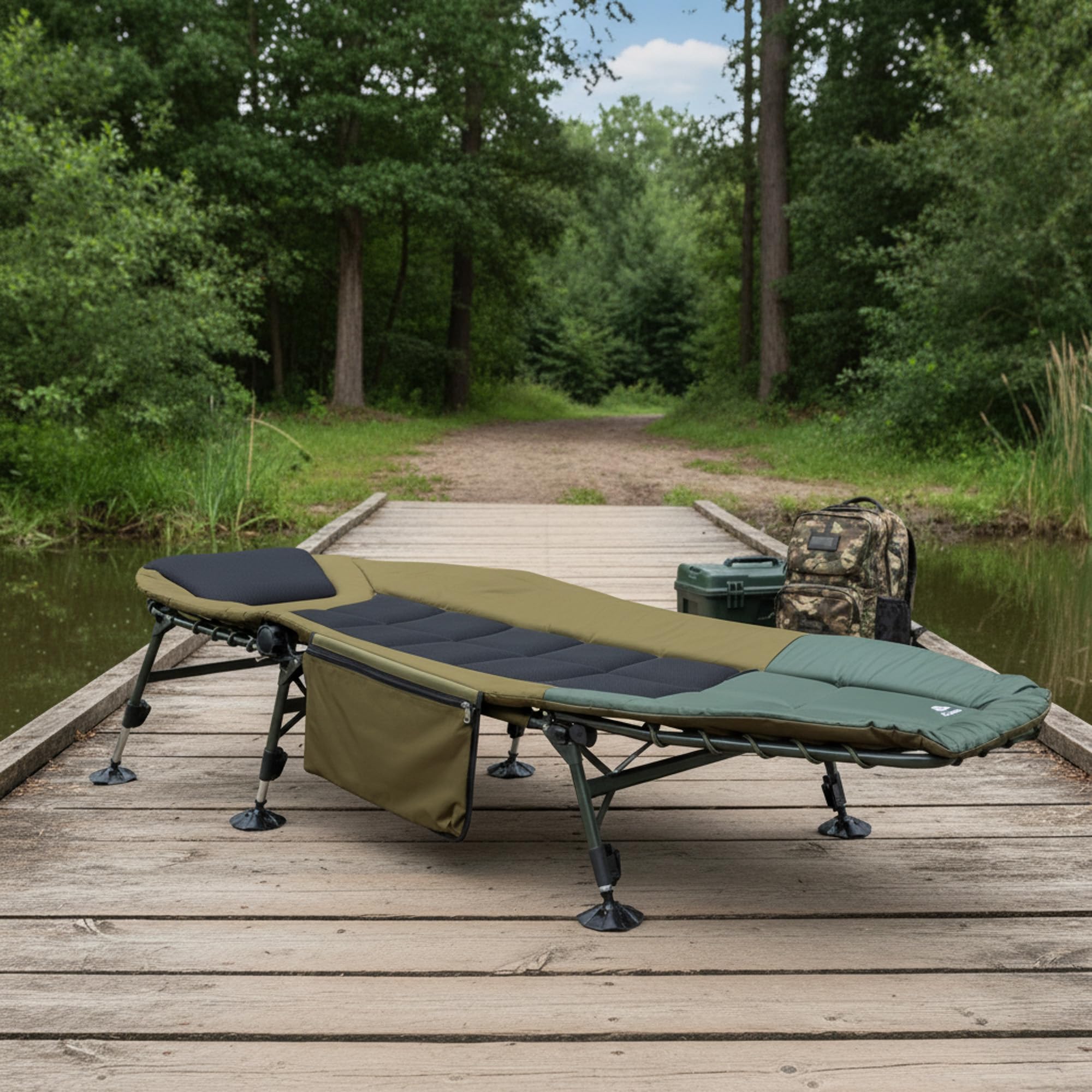 CampFeuer Cama de Pesca Acolchada XXL 200 x 81 x 41-98 cm | Camilla de Camping Plegable y Regulable en Altura con 6 Patas | Silla de Pesca, Catre Plegable, Cama Plegable Portátil para Exteriores
