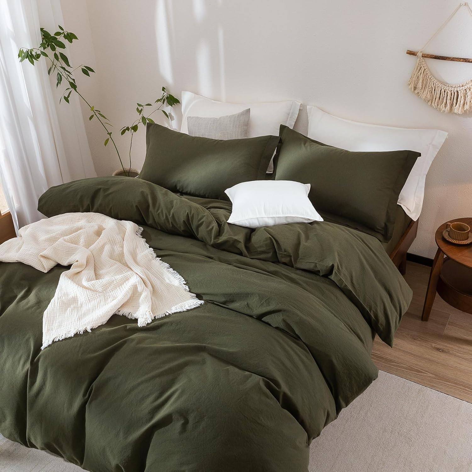 Olive Green Duvet Cover Queen Size, 100% Washed Cotton Bedding Set Cover 1 Duvet Cover 90inch x 90inch with Zipper Closure and 2 Pillowcases, Olive Green - Image 5