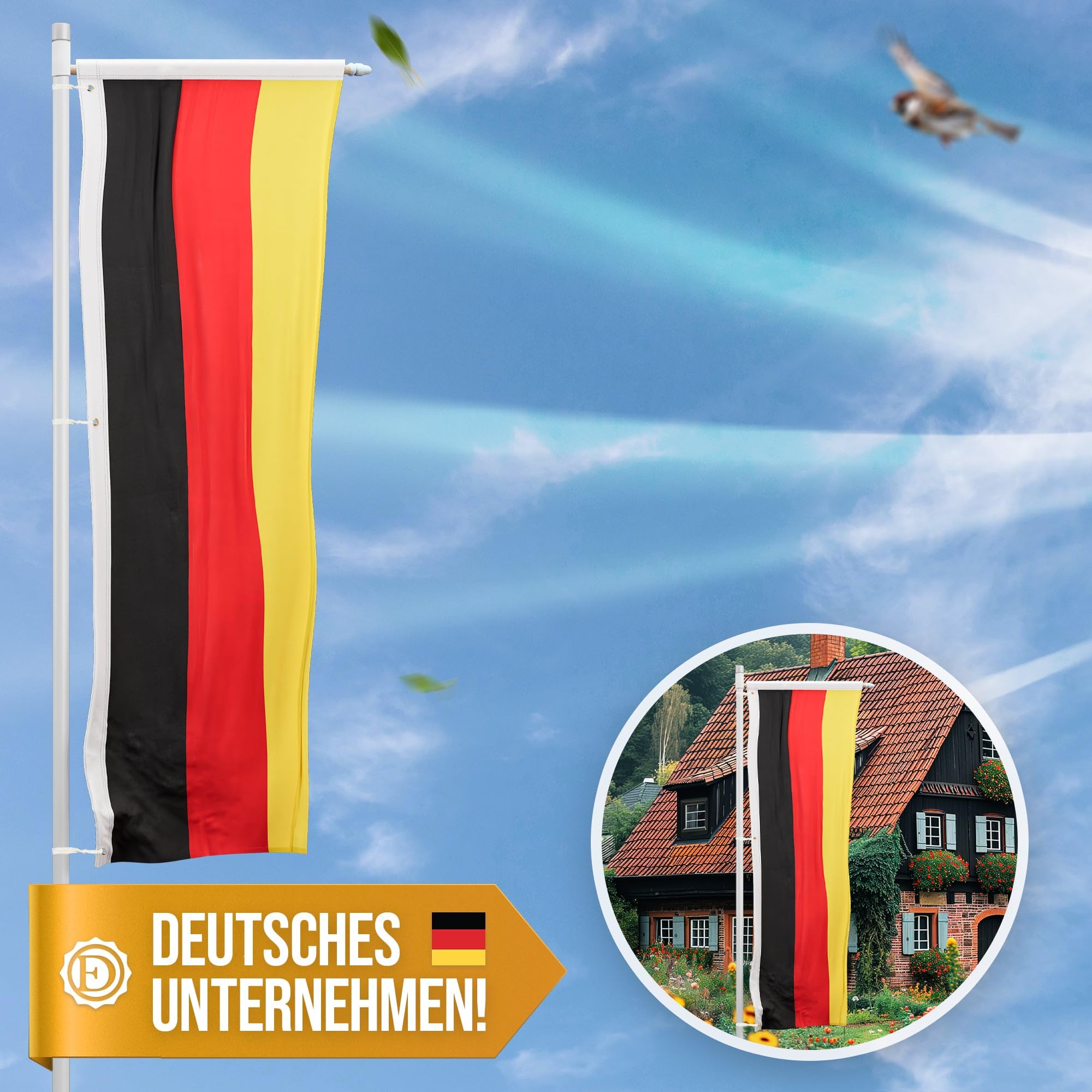 Deutschland Flagge 120 x 300 cm - für Fahnenmast mit Ausleger, Deutschlandfahne aus reißfestem Fahnen-Polyester-Stoff, Hissfahne wetterfest und UV-beständig